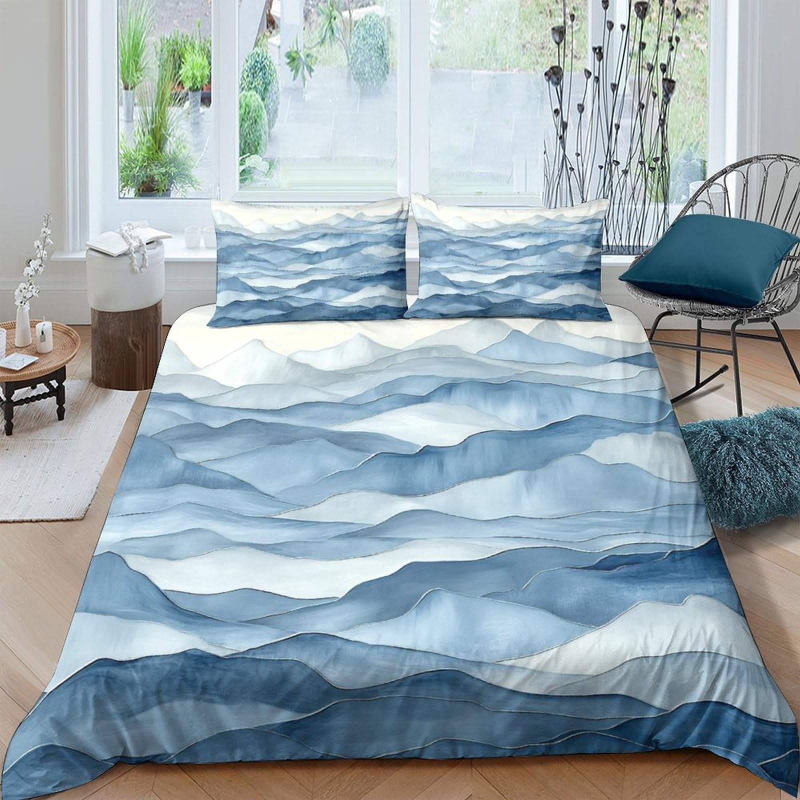 TUFRTGYHN 3D Printed Blue Mountain Landscape Duvet Cover Microfiber Soft Breathable Watercolor Bedding Set with 2 Pillowcases for Bedroom Home Decor Single（135x200cm）
