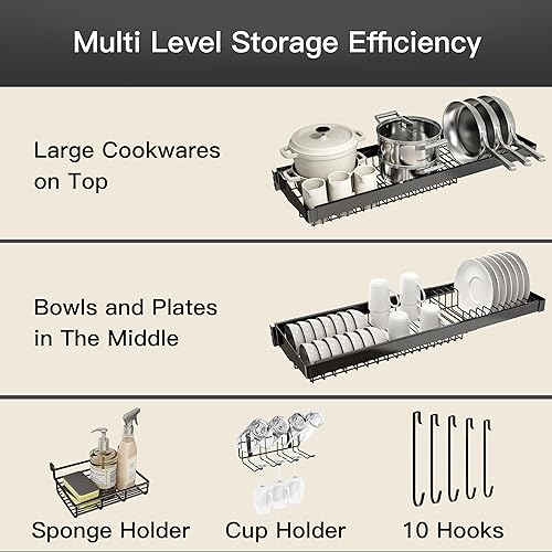 Miniatura 4 de MAJALiS - Escurridor de platos grande de acero inoxidable de 2 niveles sobre el fregadero ajustable de 275 a 335 pulgadas organizador de encimera de