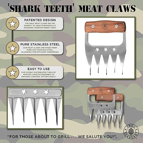 Miniatura 3 de GRILL SERGEANT Garras de metal para carne, trituradora de cerdo a la barbacoa, garantía para siempre, asas de madera de nogal, patentadas, tenedores