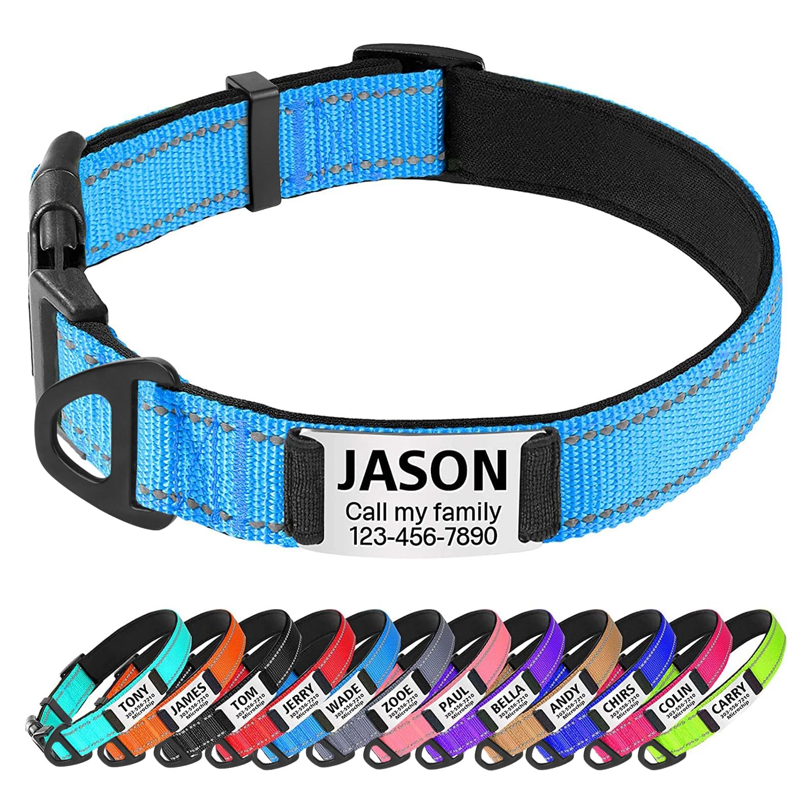 TagME Personalized Dog Collar with Name Plate, Custom Reflective Pet Collars with Engraved Slide on ID Tags for Puppy,Baby Blue