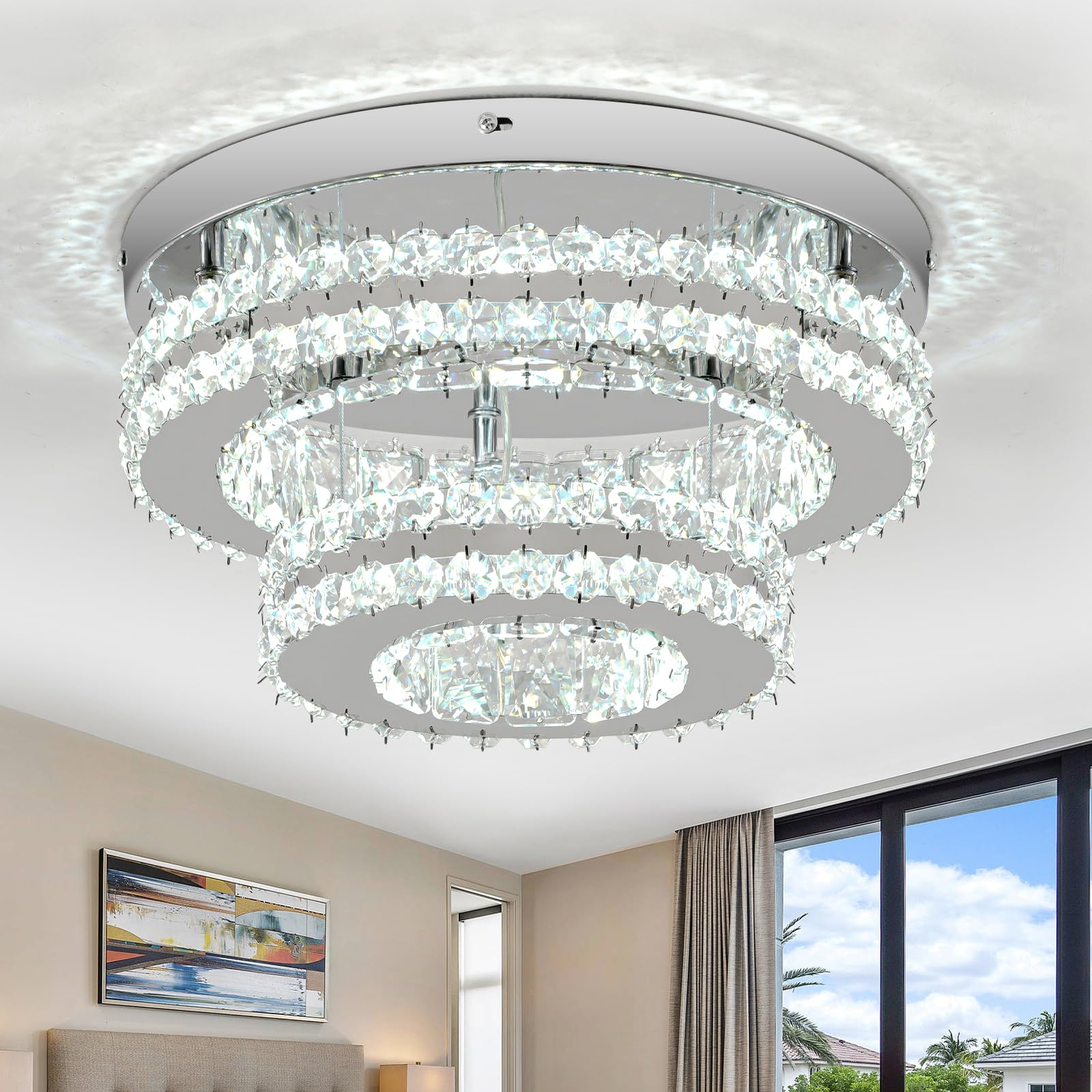 11.8 Inch Crystal Chandeliers Flush Mount Ceiling Light Fixtures Round Modern LED Chandelier Light for Bedroom Living Room Hallway Kitchen (6500K Cool White)