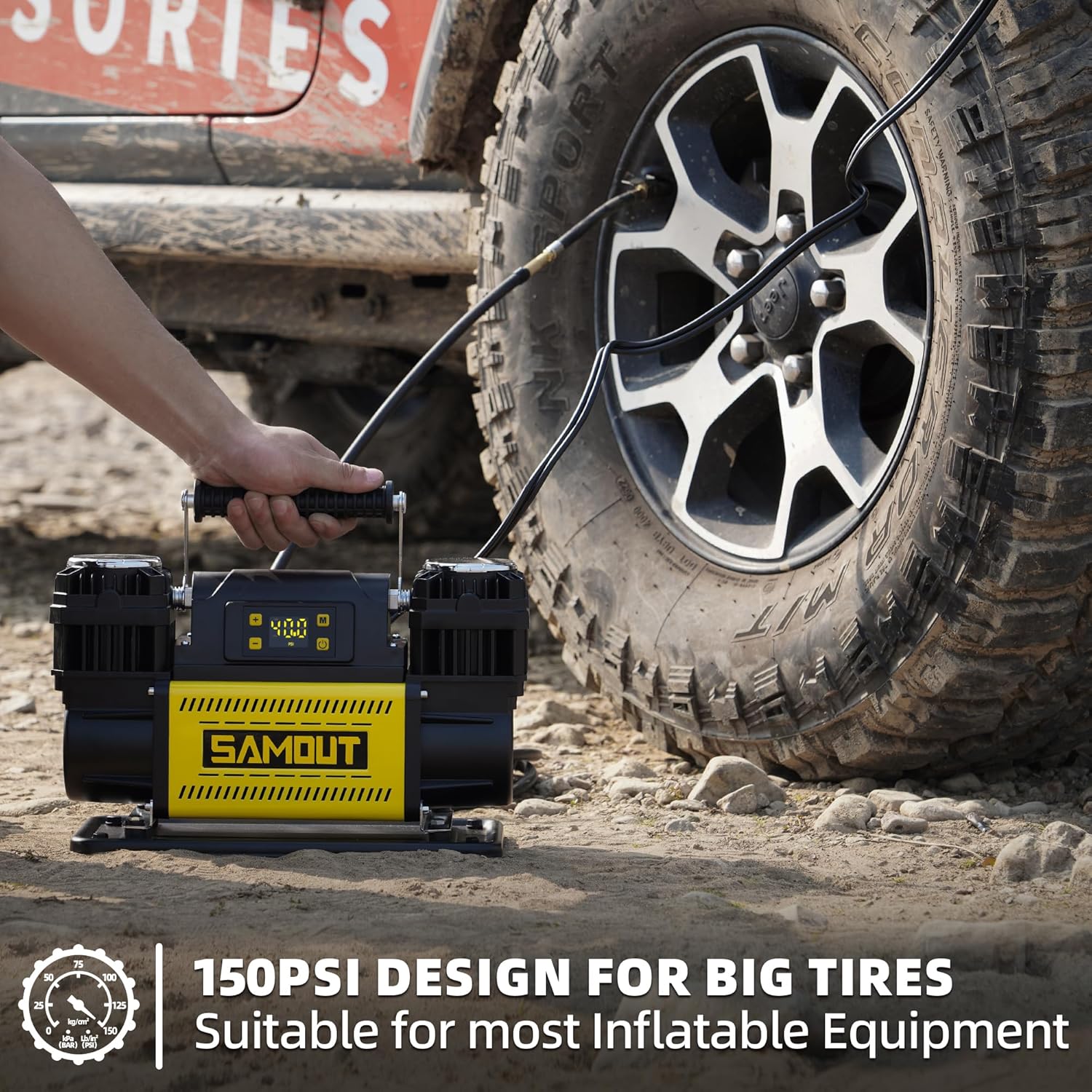 SMAOUT 12V Digital Air Compressor, Offroad Portable Inflator 12.3 CFM, Air Pump Max 150PSI for Heavy-Duty Tires, with LCD Control Panel to Preset Target Pressure, 4x4 Vehicle, SUV, RV - Image 3