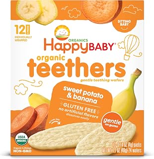 Happy Baby Organic Gentle Teethers Teething Wafers Banana Sweet Potato, Gluten-Free Easy-Dissolve Soothing Snacks for Babies, Pack of 12