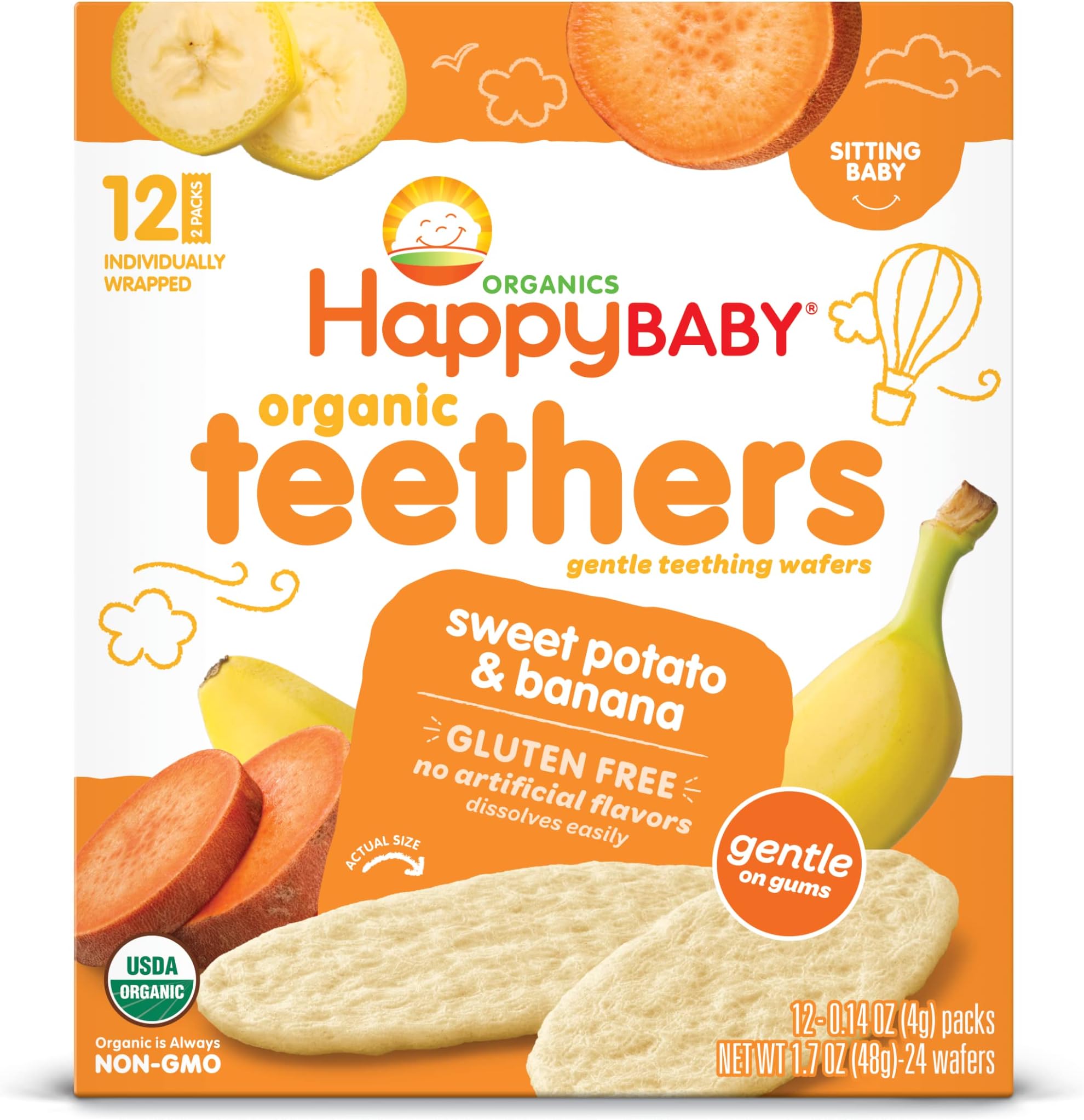 Organics Baby Snacks, Gentle Teething Wafers, Gluten Free & Vegan, Sweet Potato & Banana, 12 Count (Pack of 6)