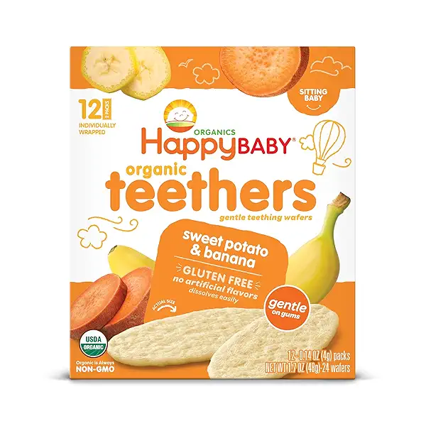 Happy Baby Gentle Teethers Organic Teething Wafers Banana Sweet Potato, Soothing Rice Cookies for Teething Babies Dissolves Easily Organic Gluten Free No Artificial Flavor,0.14 Ounce (Pack of 12) 1