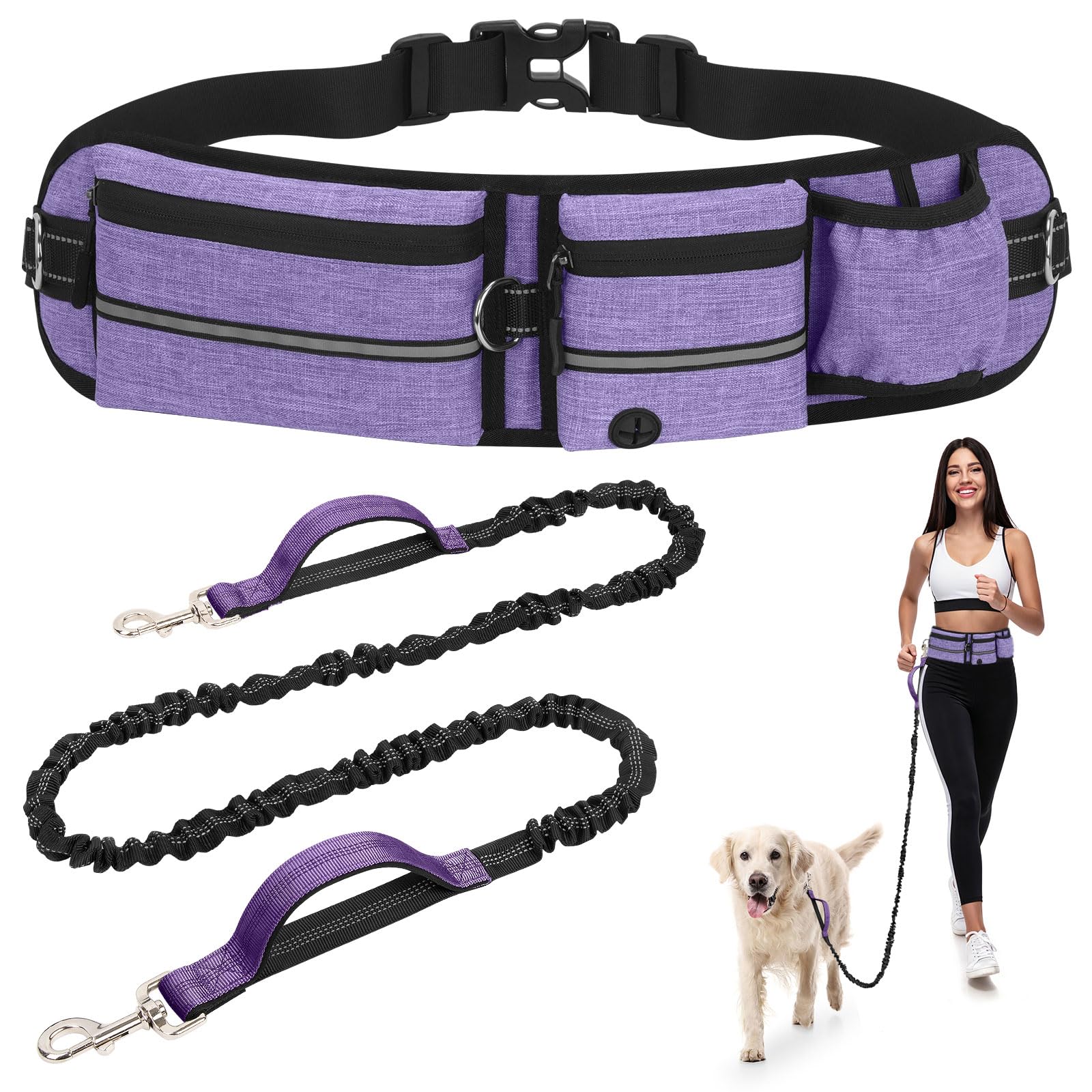 Guinzaglio Mani Libere per Cani con Marsupio e Porta Borraccia, Cintura Regolabile, Elastico Anti-Tiro Allungabile 150-220cm, Guinzaglio per Cani per Corsa Jogging Trekking, Viola