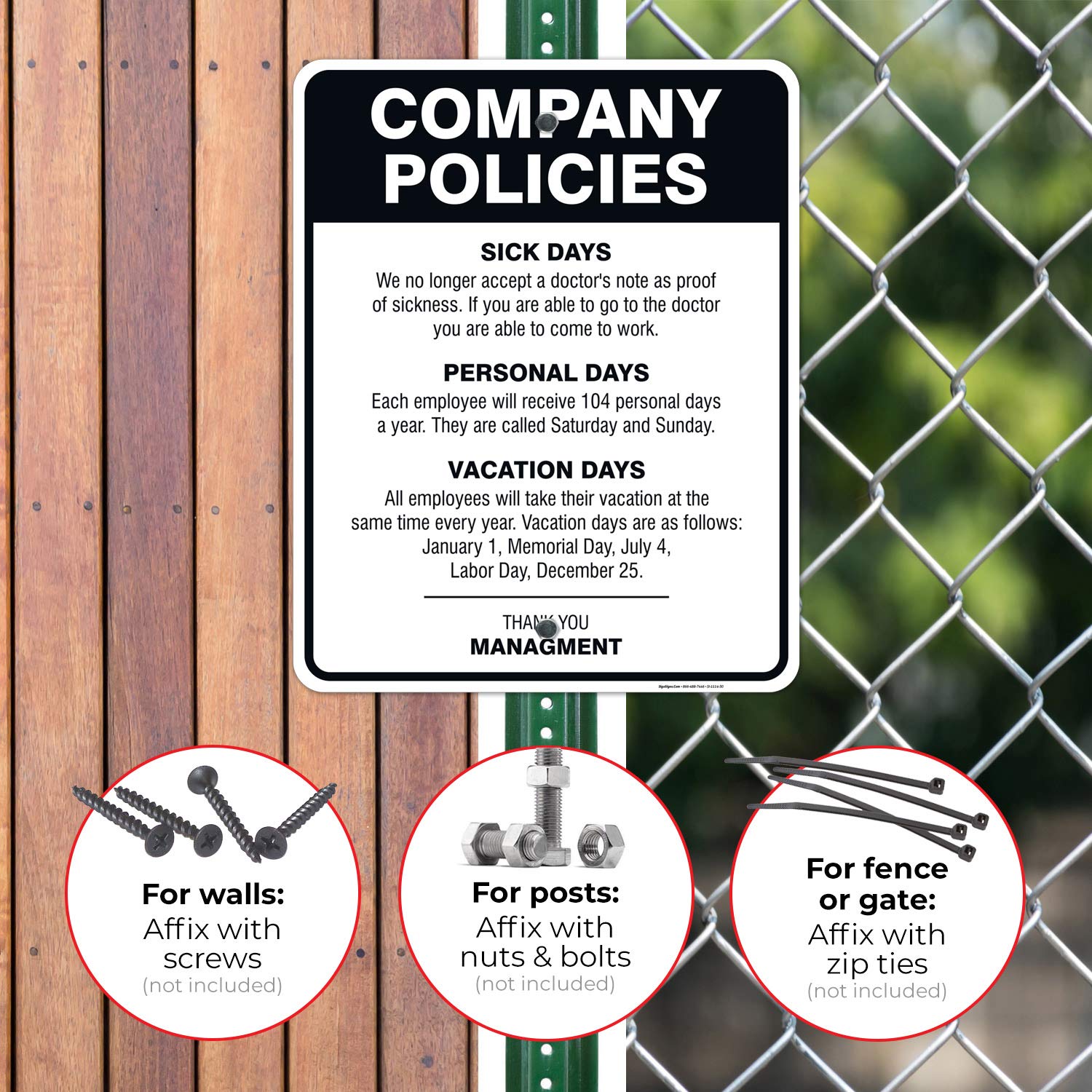 Sigo Signs Schild 'Company Policies' - 25,4 X 35,6 Cm, Aluminium, Wetterfest, Für Pausenraum, Innen/außen, Made In USA