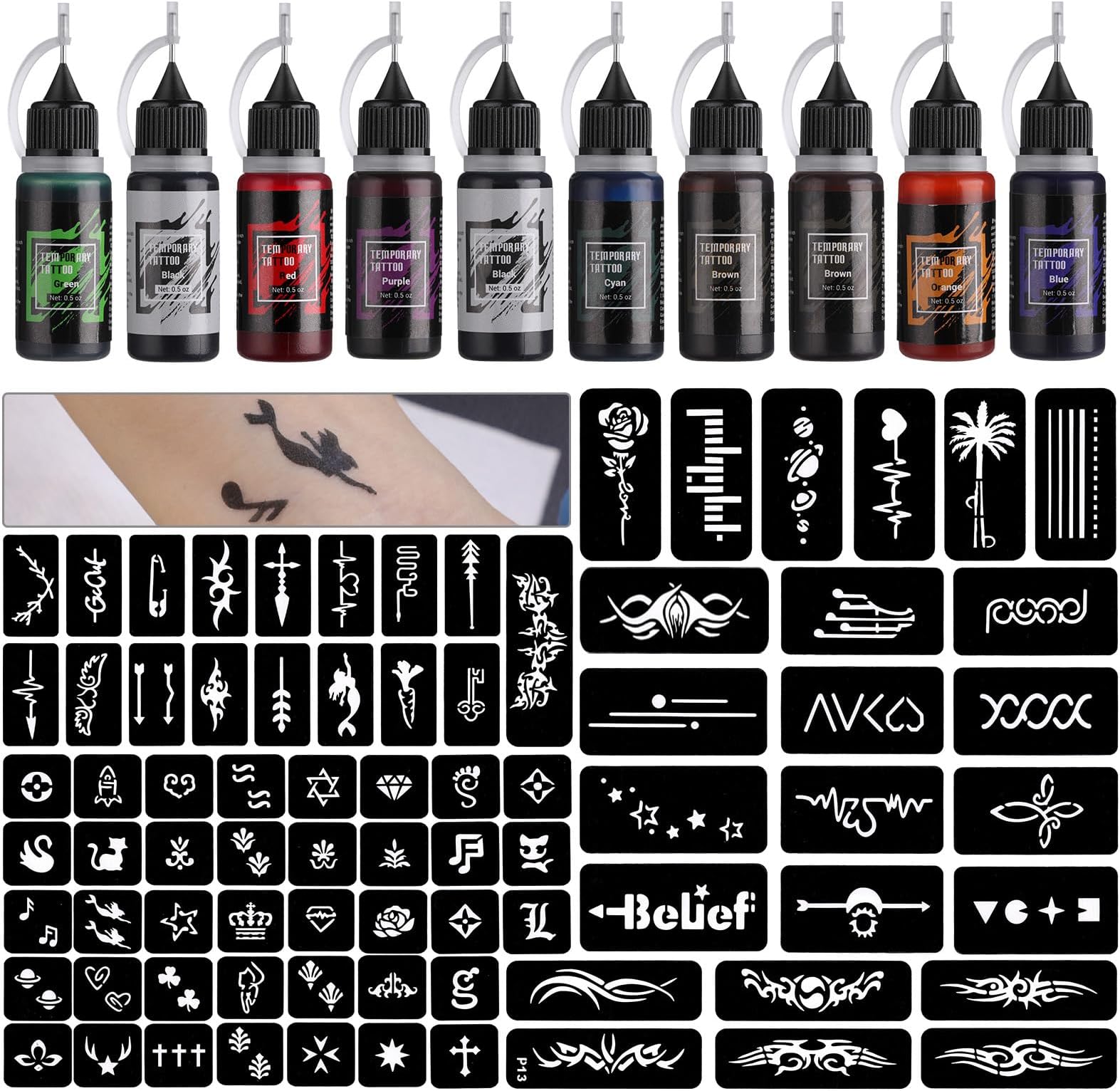 STIGMA Temporary Tattoo Kit 10 Bottles Color Inks, 84 Pcs Stencils Kit for Body Paint DIY Tattoos Temp, 8 Colors DIY Fake Tattoo for Women Kids