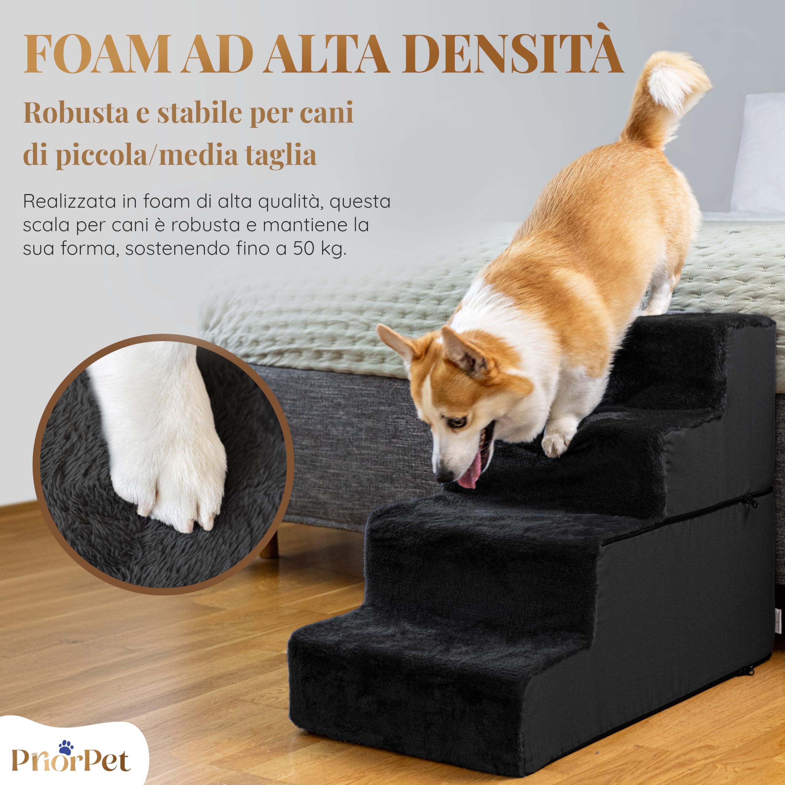 Scala per cani per letto e divano – 4 gradini altezza 58 cm – Schiuma per cani di piccola taglia – Scala per animali domestici sicura e stabile – Rivestimento rimovibile lavabile – Nero