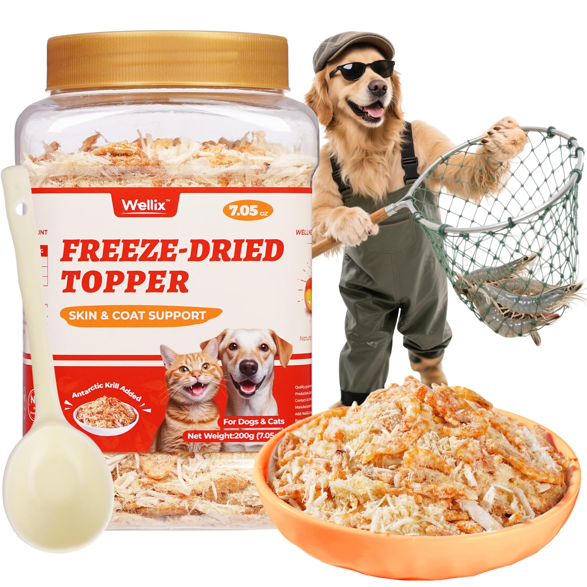 Wellix Dog & Cat Food Topper - Antarctic Krill Treats Freeze Dried Egg Yolk& Chicken Flavor Low Calorie - Cognitive and Skin & Coat Support - Healthy Cat Treats for Indoor Cats