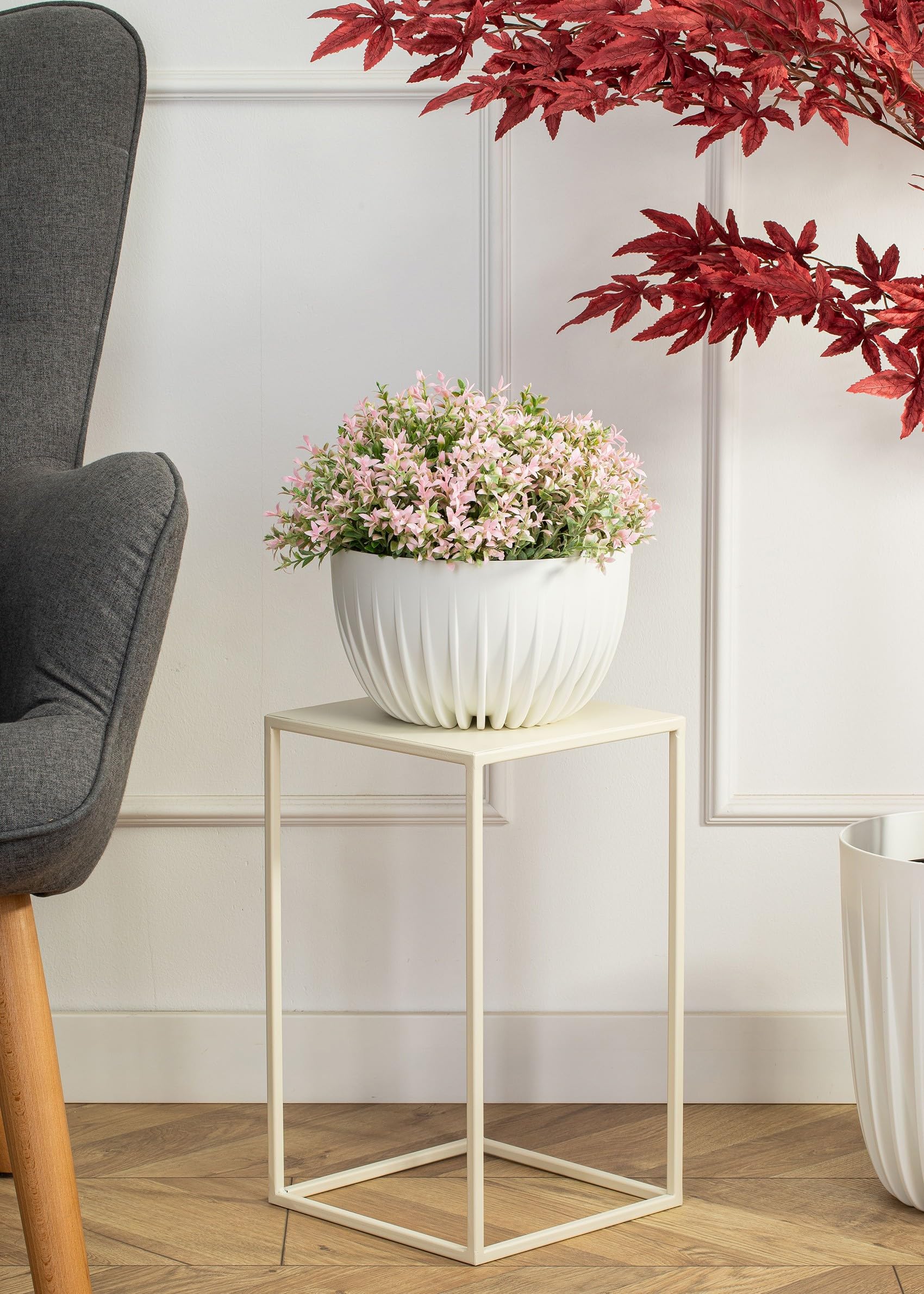 Support de fleurs en métal couleur crème 40 cm de haut – Support de fleurs solide et robuste en métal – Support pour plantes pour la décoration dans le salon, la chambre ou le bureau