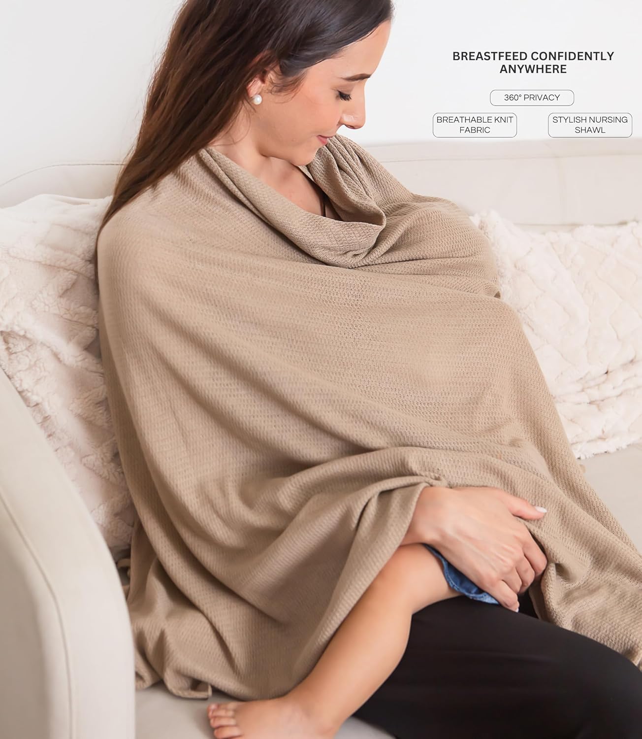 Set Premium Breast Feeding Covers for Women of All Body Types: Ultra Soft Stylish and Breathable Nursing Cover up for Breastfeeding + 4 Reusable Breast Pads for Nursing Comfort (Honey Camel)