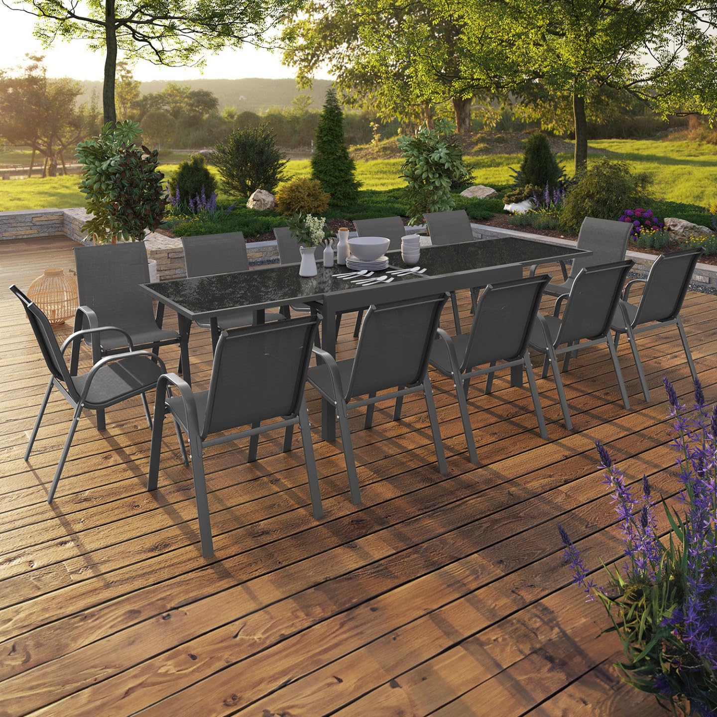 IDMarket - Muebles de jardín Madrid, extensible, mesa gris, 135-270 cm y 12 sillas apilables, gris antracita