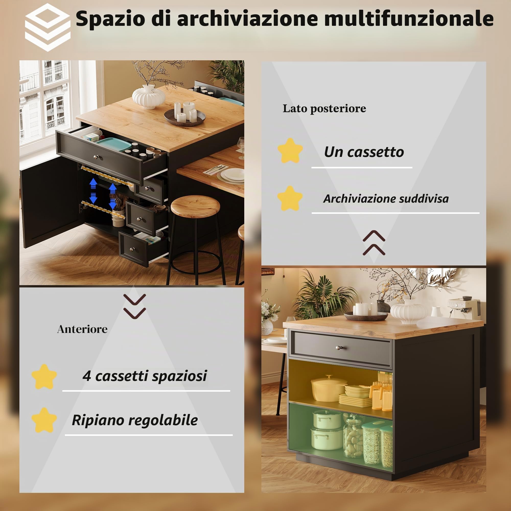 Isola Cucina allungabile (120-184 cm) con cassetti e rotelle, Isola Cucina Mobile con Piano Effetto Legno, Versatile Isola da Cucina per Cucina, Sala da Pranzo e Bar, Nera