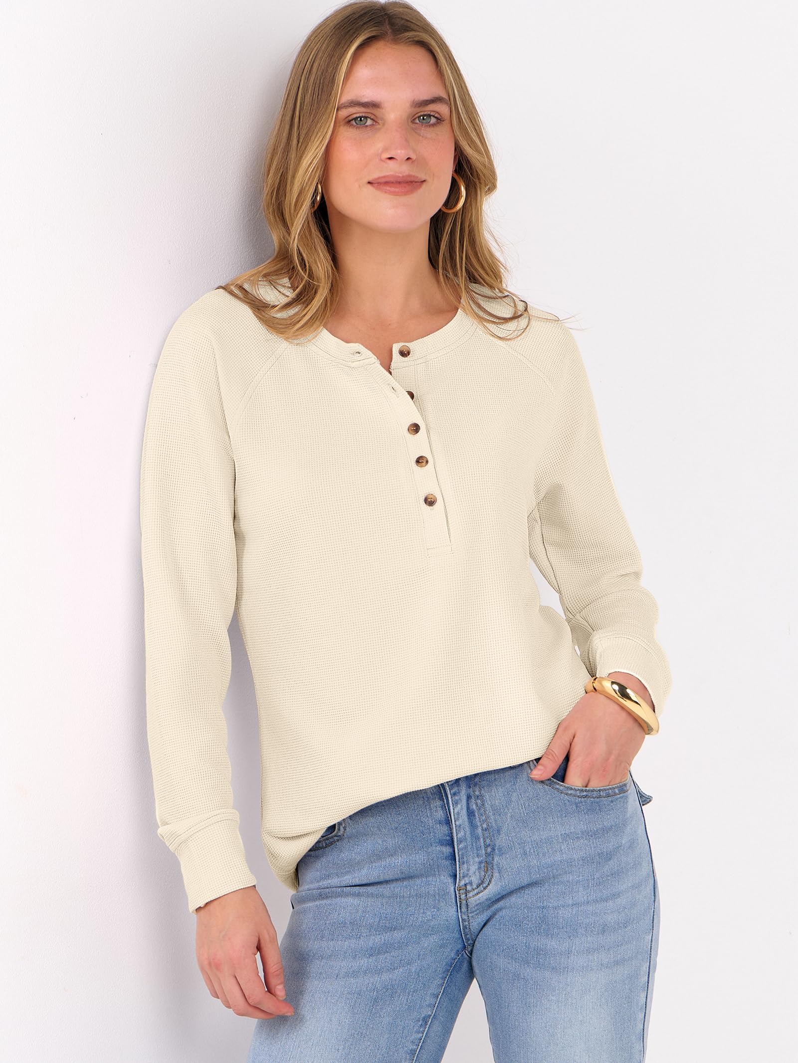 ANRABESS Women's Long Sleeve Waffle Knit Shirts Dressy Casual Loose Button Up V Neck Henley Tops 2026 Fall Basic Tee Blouse