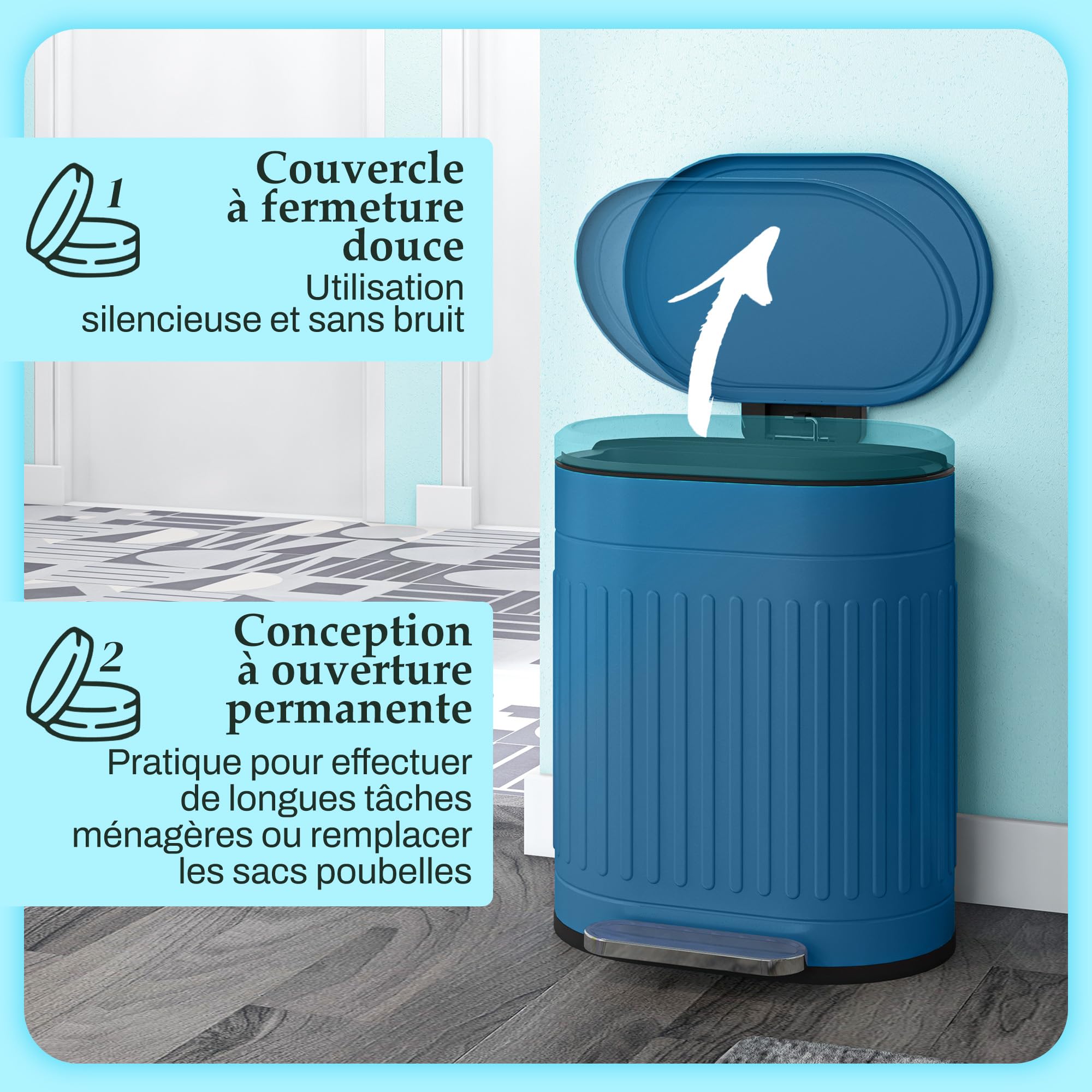 HOMCOM Poubelle de Cuisine 20L à Pédale Ovale 36,5 x 31,2 x 45 cm Bleu | En Métal, Couvercle à Fermeture Douce, Anti-Traces de Doigts, Seau Intérieur Amovible