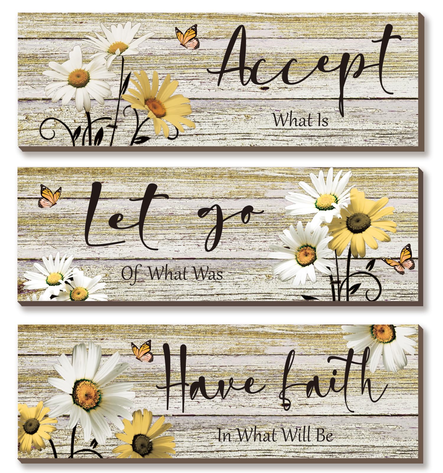 3 Pcs Farmhouse Bathroom Wall Decor Yellow Daisy Floral Flowers and Butterfly Yellow Bathroom Wall Art Accept Let Go Have Faith Positive Rustic Wood Plaque for Home Laundry (Yellow,12x4 Inch)
