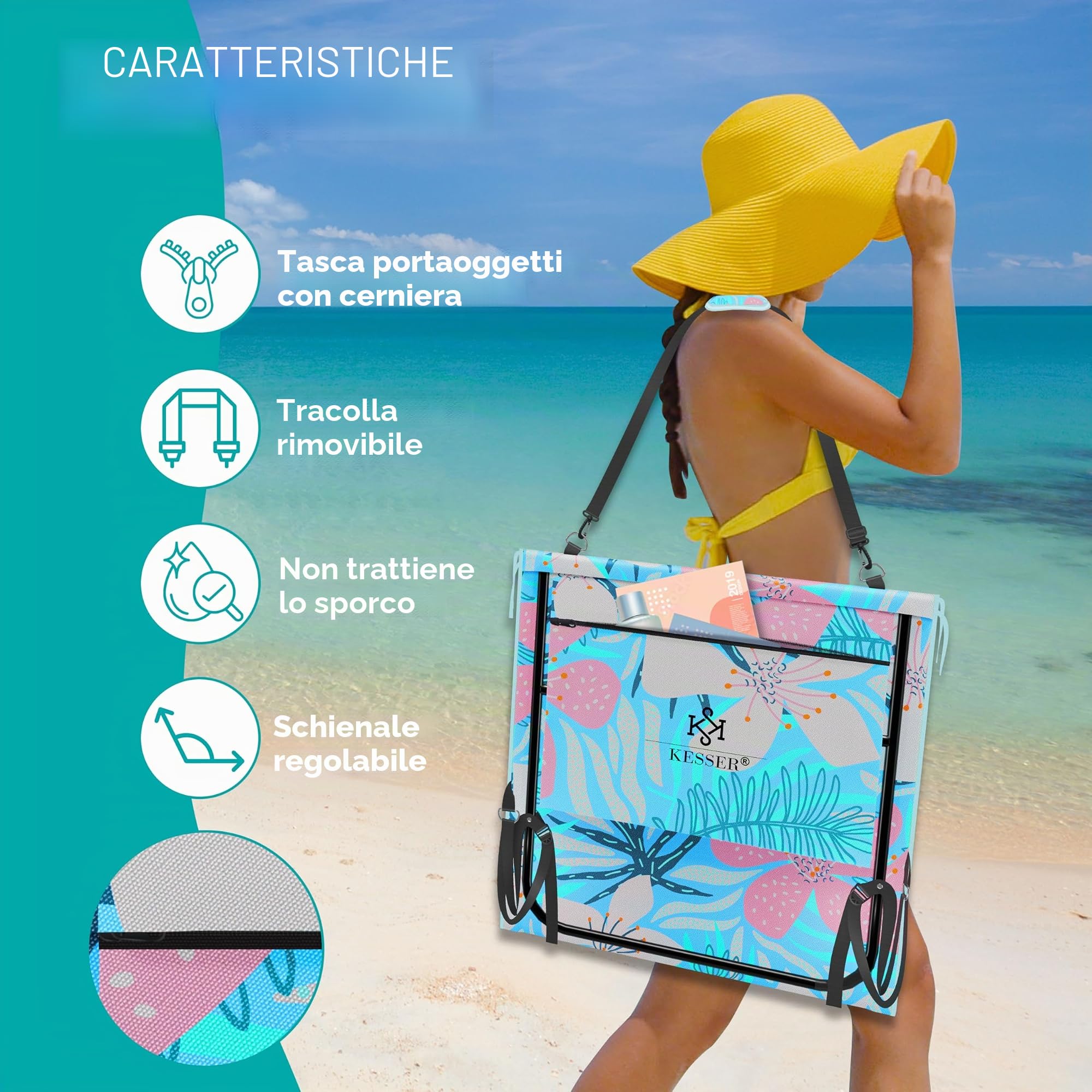 KESSER® Lettino da spiaggia pieghevole con schienale regolabile – Lettino da spiaggia pieghevole con tracolla e borsa, portata massima 130 kg – Lettino prendisole per spiaggia, giardino e terrazza