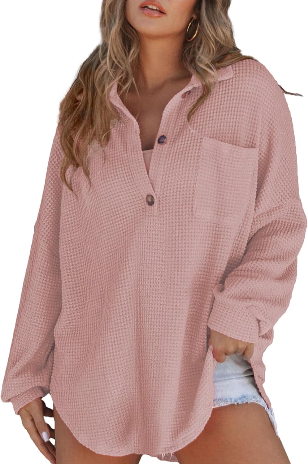 DERAX Women's Oversized Waffle Knit Shirt Henley Button Down Crochet Top Long Sleeve V Neck Loose Fit Tunic Blouse Pink L - Image 4