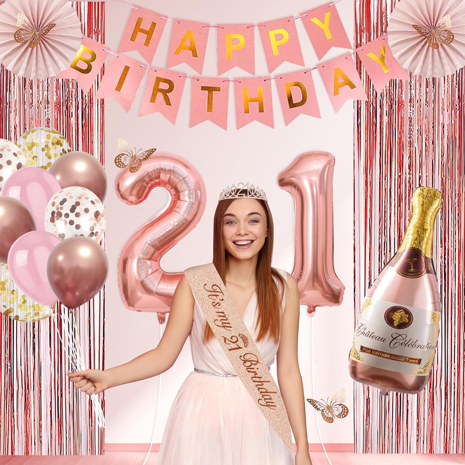 21st Birthday Decorations for Her, Rose Gold Happy 21st Birthday Decorations for Girls, 21 Sash and Crown, Banner, Fringe Curtains, Hanging Paper Fans, 21 Year Old Party Supplies Set