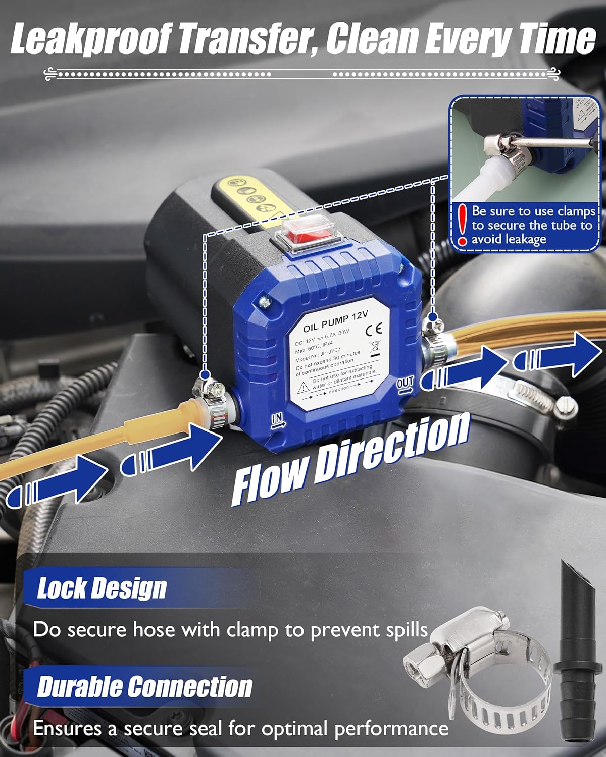 Oil Extractor Pump 12V 80W, Upgraded Electric Engine Oil Pump w/Auto Overload, Oil Change Pump for Motor Oil, Gear Oil, Transmission Fluid, Lube, Fluid Transfer Pump for Car, Mower, Marine, Blue