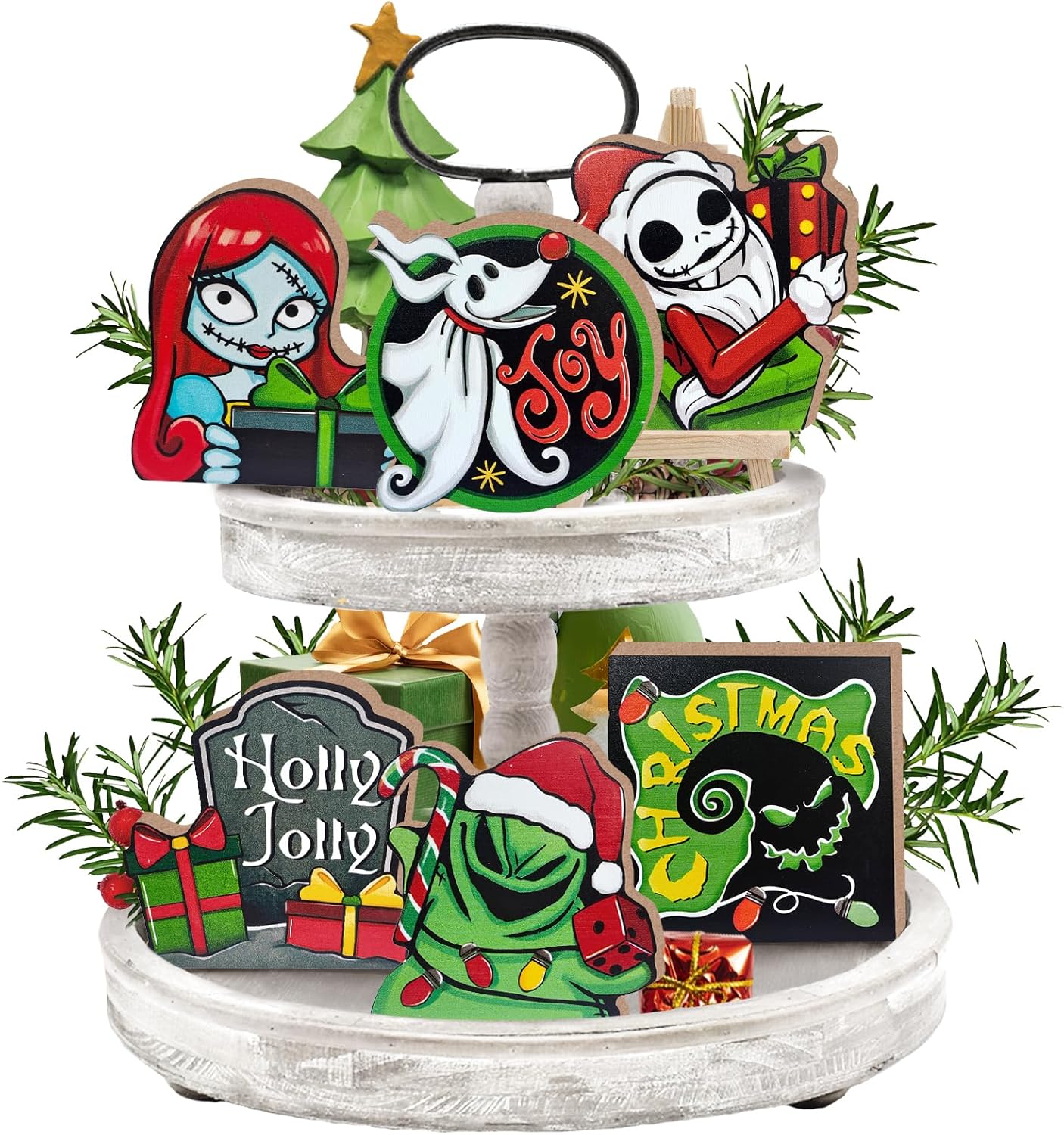 Christmas Tiered Tray Decor, Xmas Jack Monster Tray Decorations Set, Sally Ghost Tombstone Winter Wooden Signs, Funny Holiday Farmhouse Rustic Home Decor for Table Shelf Party