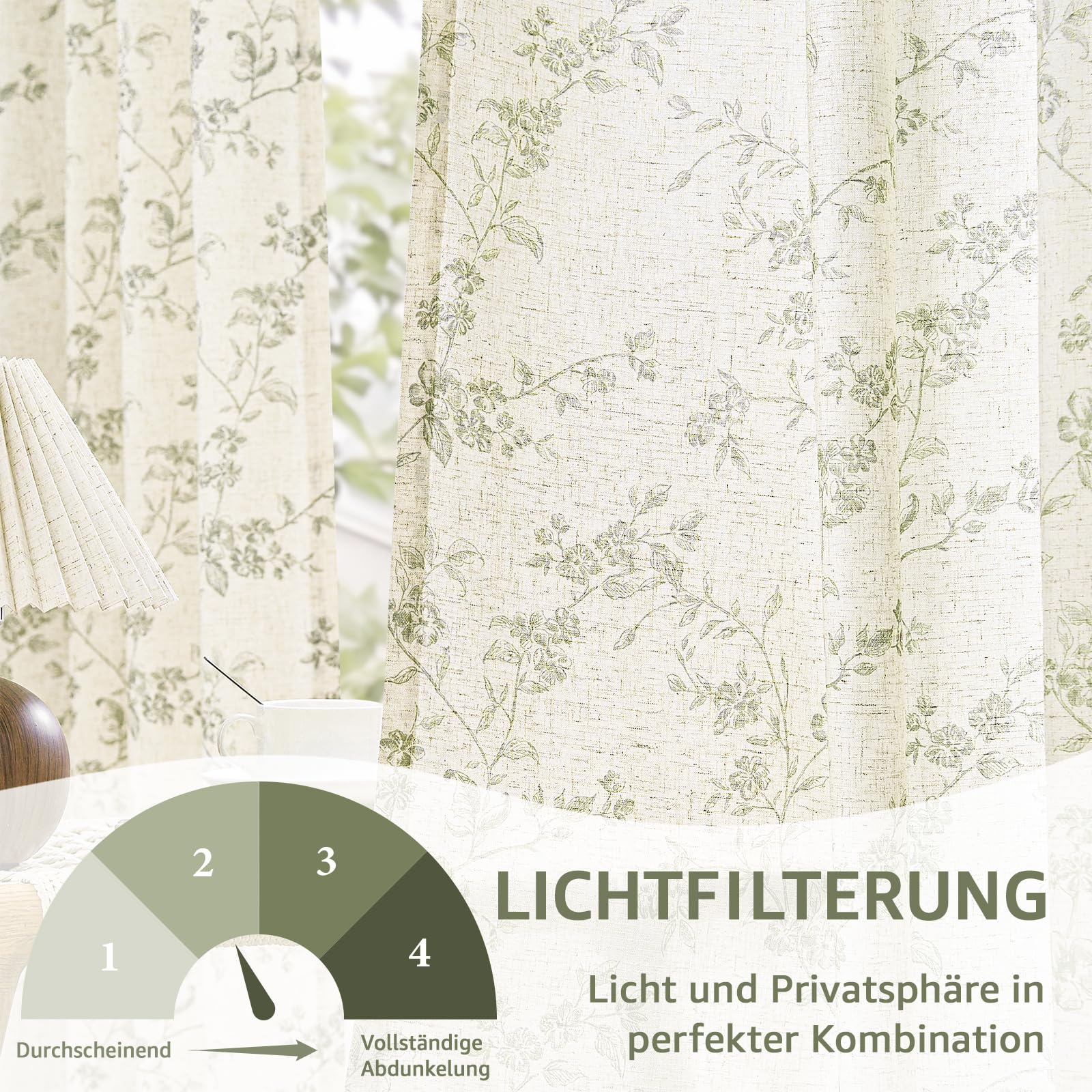 TOPICK Tende interni traslucide verde 2 pezzi 140Lx260A cm effetto lino | Traslucide, compatibili binari, adatte soggiorno e camera da letto, moderne, lavabili, decorazione rustico