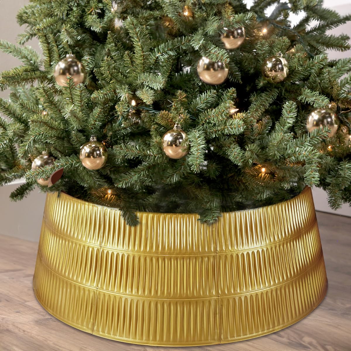 ALKB 28.4" Gold Christmas Tree Collar – 9-Panel Snap-On Plastic Tree Skirt Replacement, Holiday Base Cover for 5-8 ft Artificial or Real Trees
