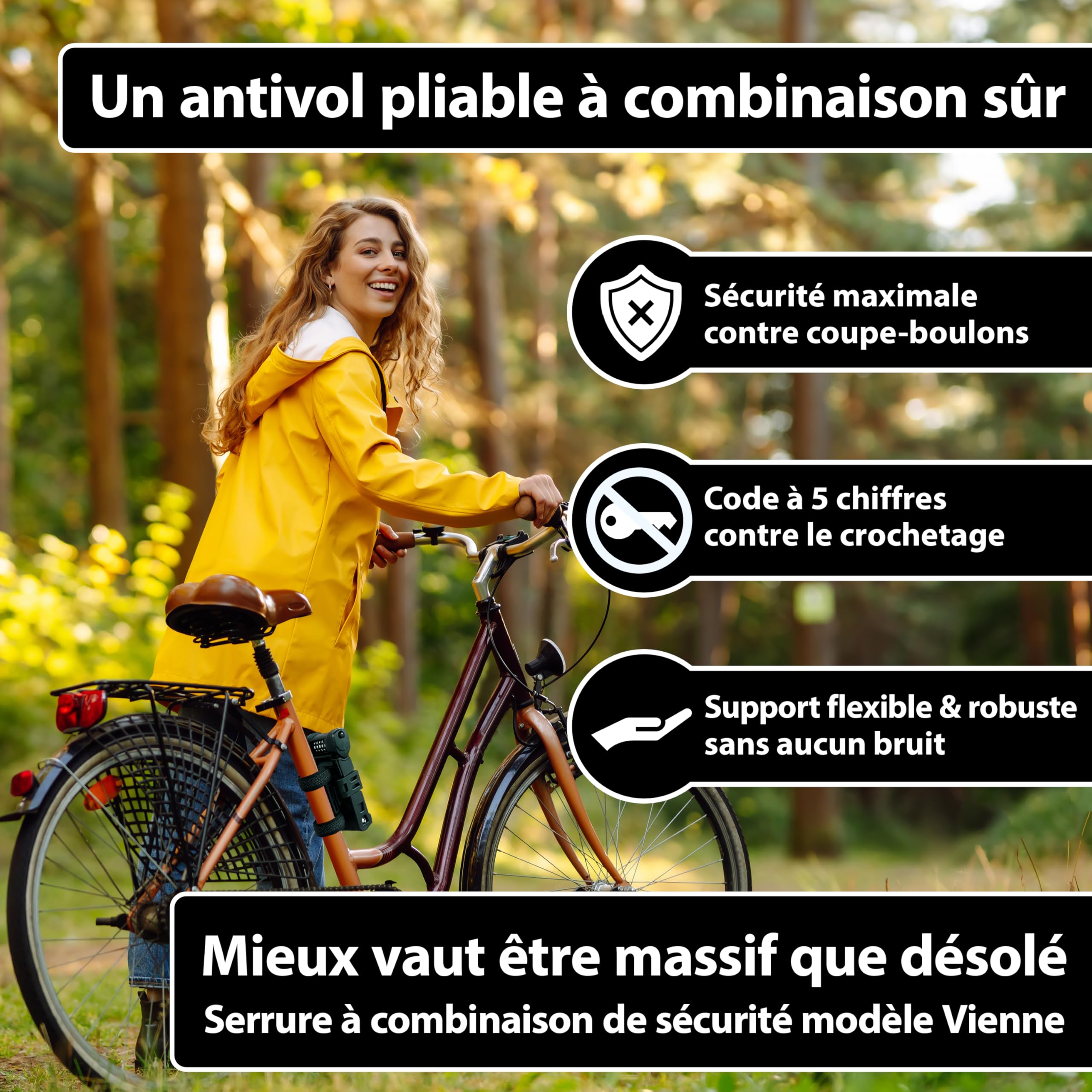 KOHLBURG Antivol vélo à combinaison avec code à 5 chiffres, 101 cm de long | Résistant aux coupe‑boulons, Antivol pliable type Vienne avec support haute sécurité, pour vélo e‑scooter vélo électrique