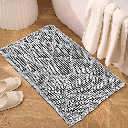 ZALL Tapete de baño con diseño de gofres, súper absorbente, antideslizante, color gris, 18 x 30 pulgadas, patrón geométrico de diamante, lavable a