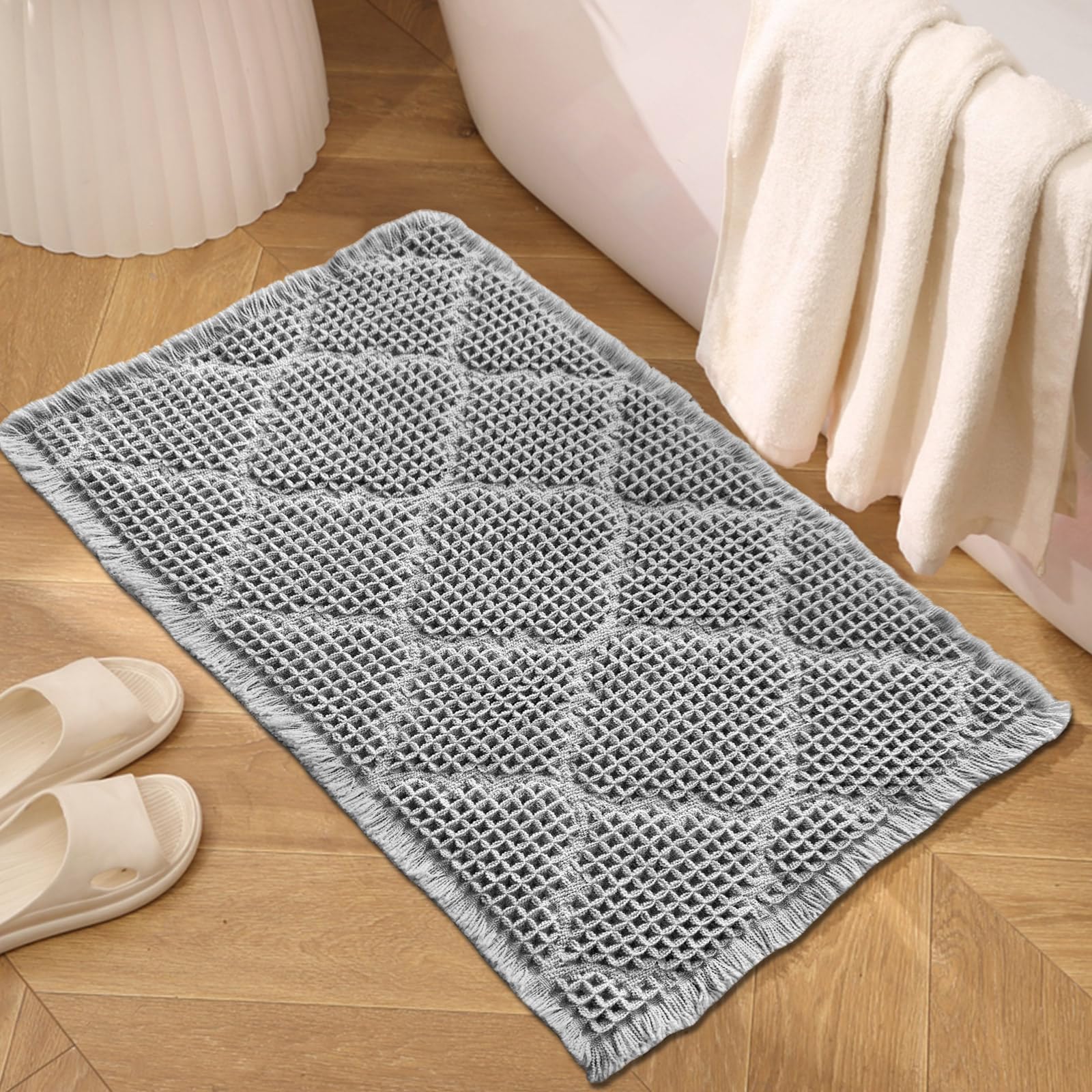 ZALL Waffle Bath Mat,Super Absorbent Non Slip Bathroom Rug,Grey 18x30inch,Geometric Diamond Machine Washable Ultra Soft Floor Mats Gray