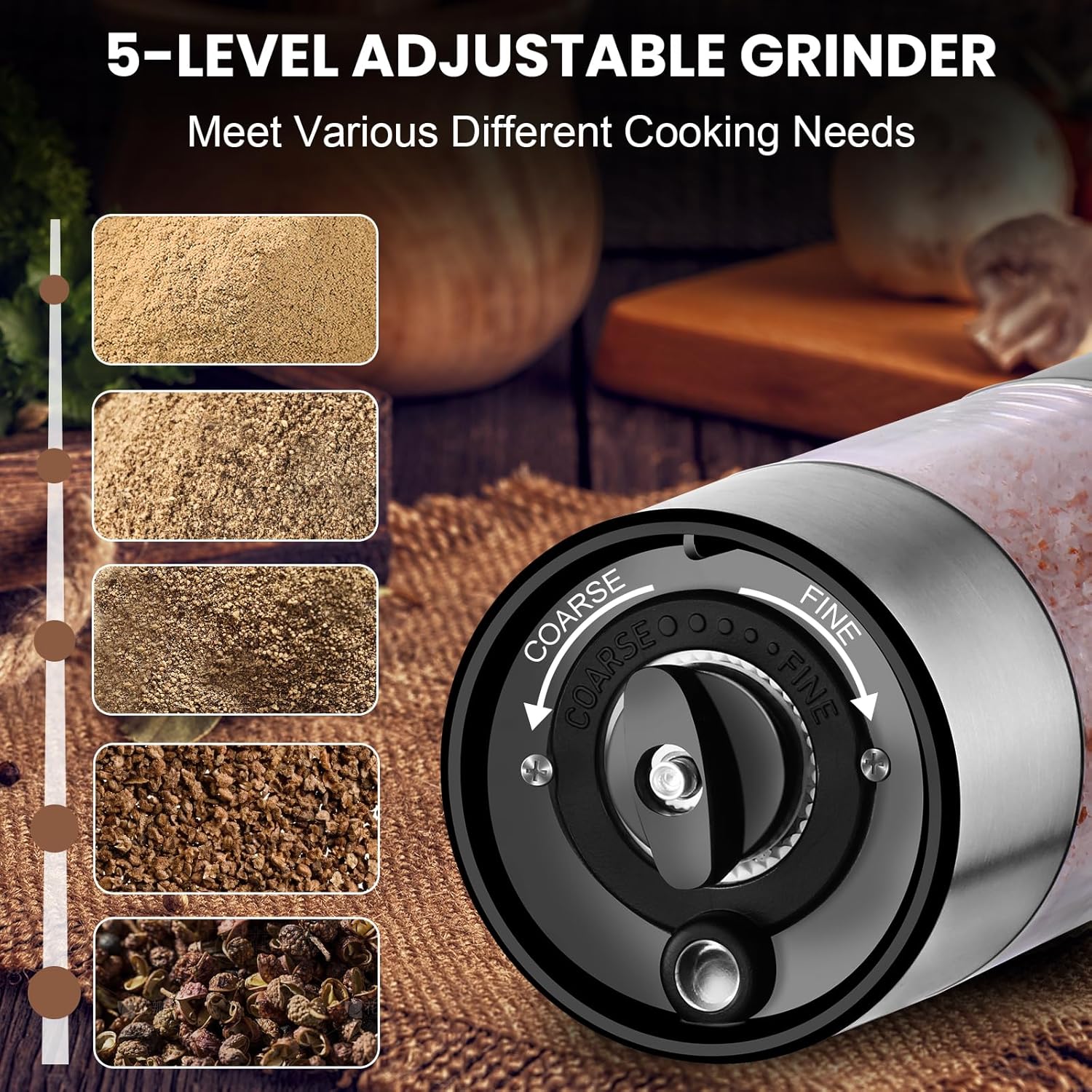 Electric Salt and Pepper Grinder Set Rechargeable - Automatic Pepper Mill Grinder with Adjustable Coarseness and LED Light Refillable Stainless Steel Condiment Shakers Larger Capacity 2 Pack