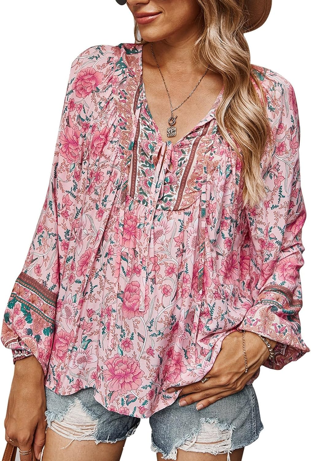 Women's Casual Floral Print V Neck Top Loose Boho Long Sleeve Beach Shirts Blouses