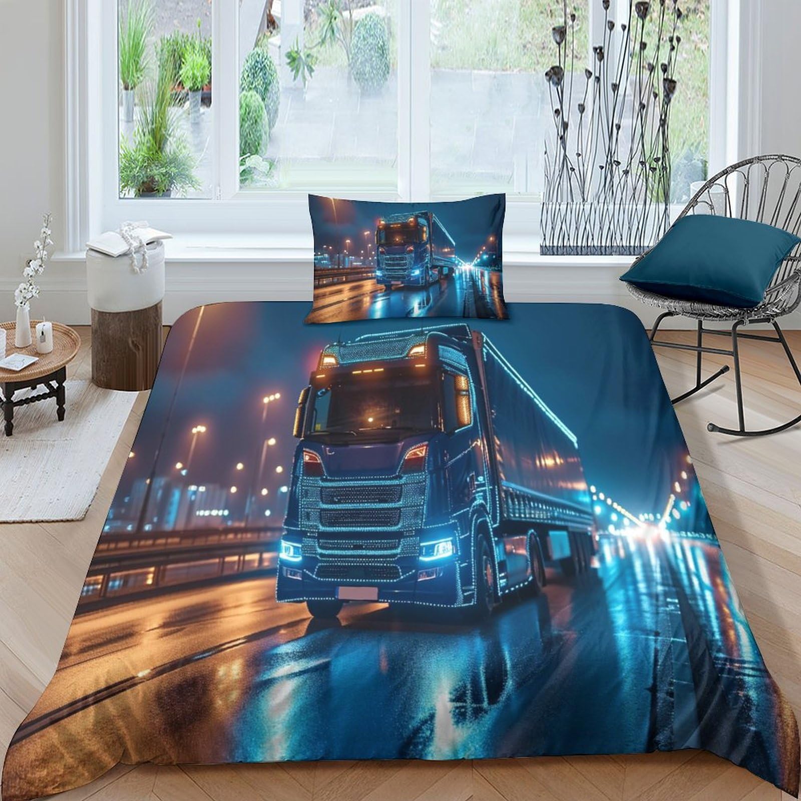 LKBASOEGD Truck Duvet Cover 3 PCS Hotel Quality Quilt Cover Bedding Bed Covers with Pillowcases with Zipper Closure Breathable Stylish Comforter Single（135x200cm）