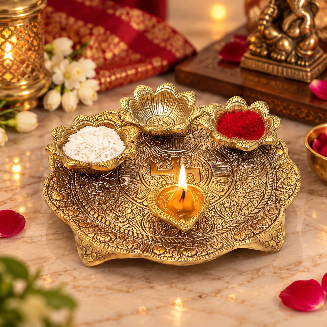Silver Plated Pooja Thali Set with Diya & Bowls -10