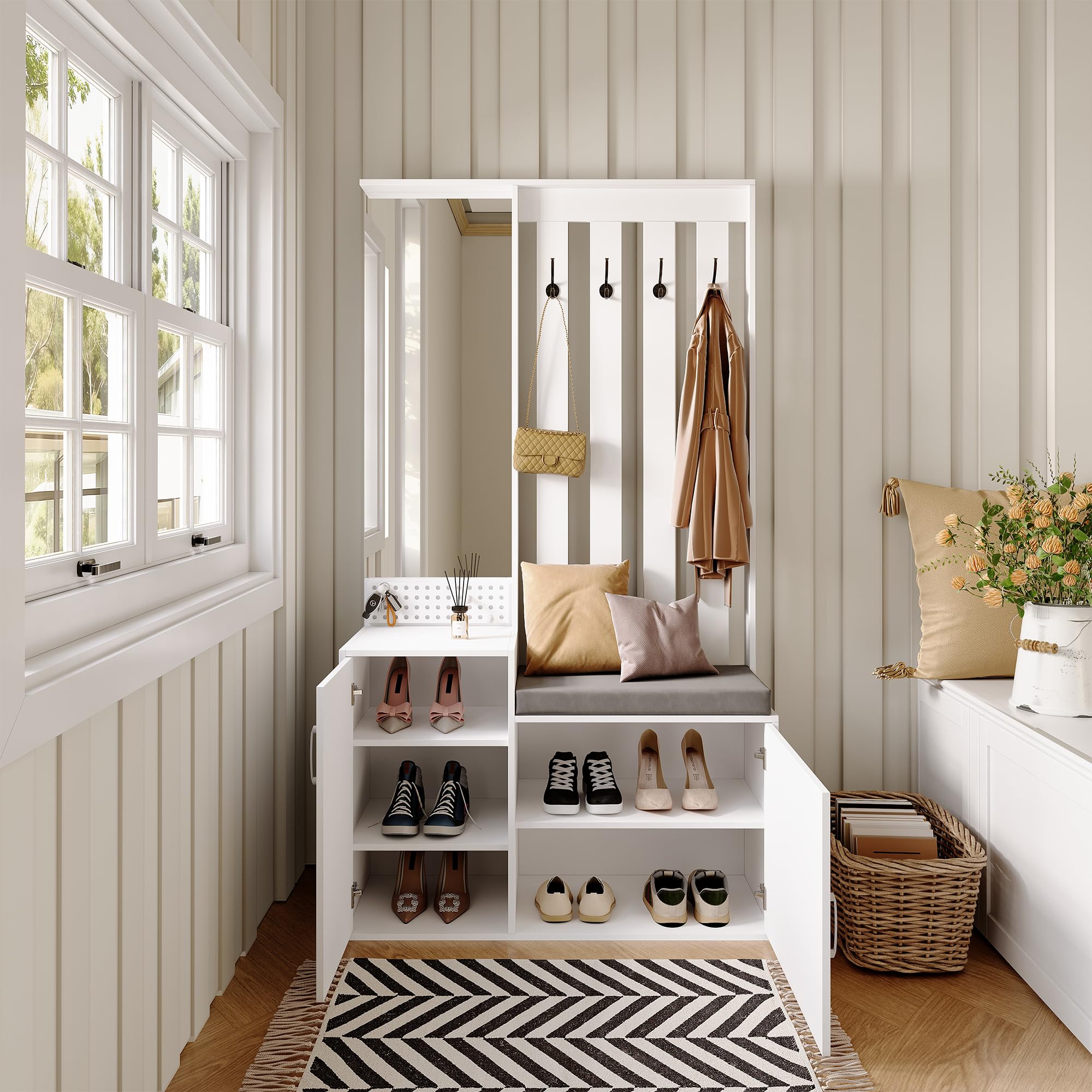 Mobile Ingresso Moderno Bianco con Ganci,Scarpiera,Specchio - Appendiabiti con Panca da Scarpe per Corridoio/Entrata,MDF,Salvaspazio,100x40x180 cm