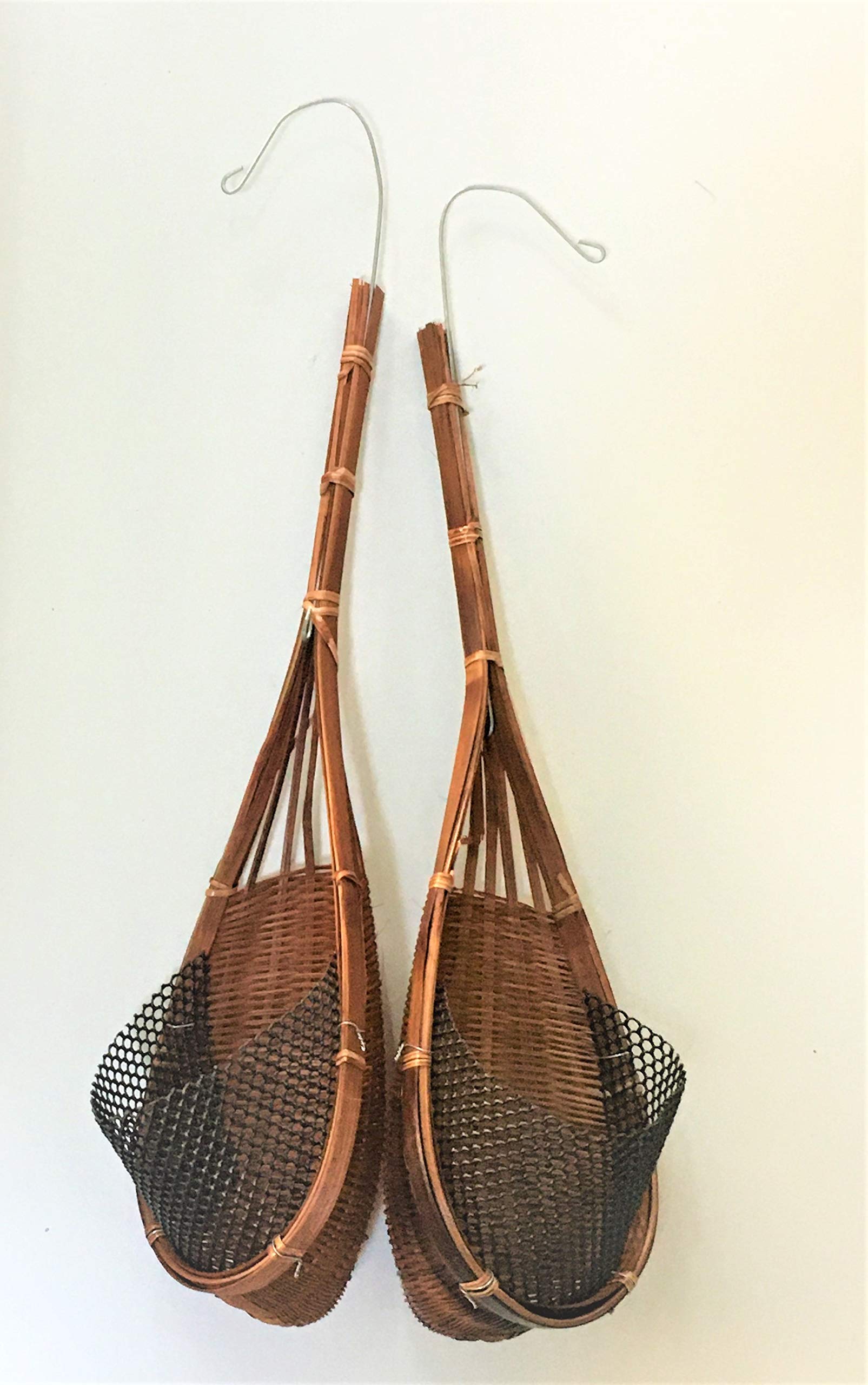 JKK Shop Hanging Bamboo Planter Basket with Plastic Net - Woven Natural Plant Holder for Air Plants, Small Succulents, Ferns, Ivy, Flower, Orchid - Indoor Outdoor Garden Vertical Porch Self Draining