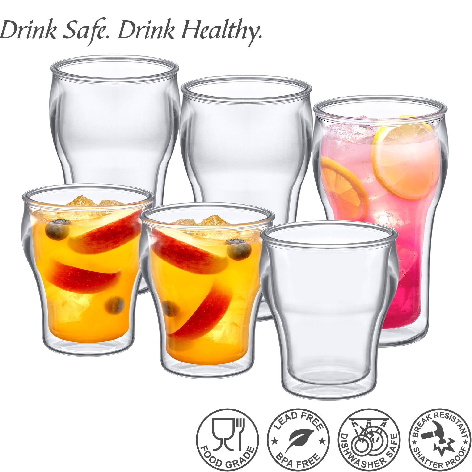 Amazing Abby Rockies Isolierte Trinkgläser, doppelwandig, BPA-frei, bruchsicher, spülmaschinenfest, 6er-Set mit 400 ml und 597 ml durchsichtigen Kunststoffbechern