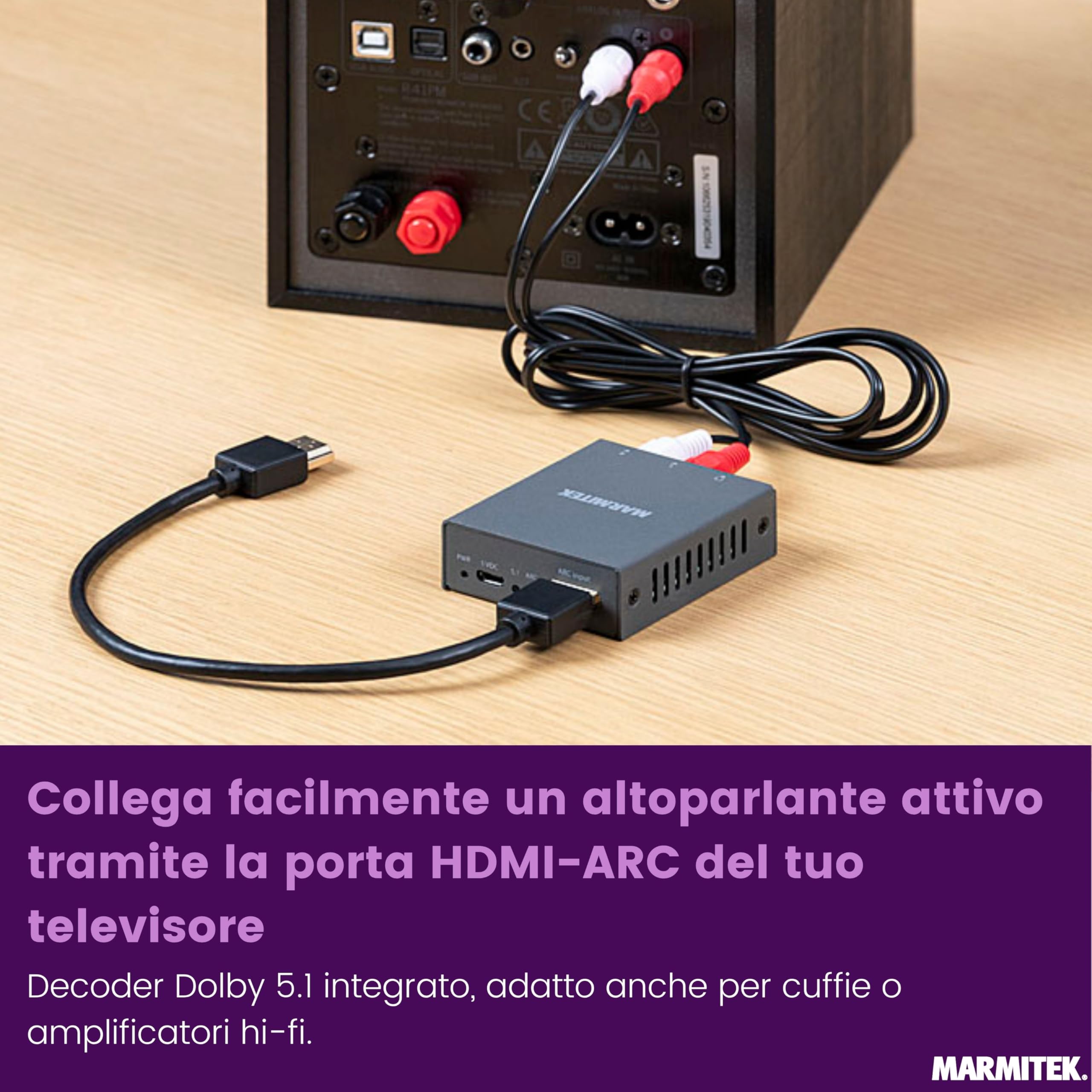 Marmitek Connect ARC13 - Estrattore audio HDMI ARC CEC per TV e RCA audio | Adattatore TV verso amplificatore, altoparlanti attivi o cuffie, uscita stereo L/R RCA, jack 3,5 mm e controllo CEC