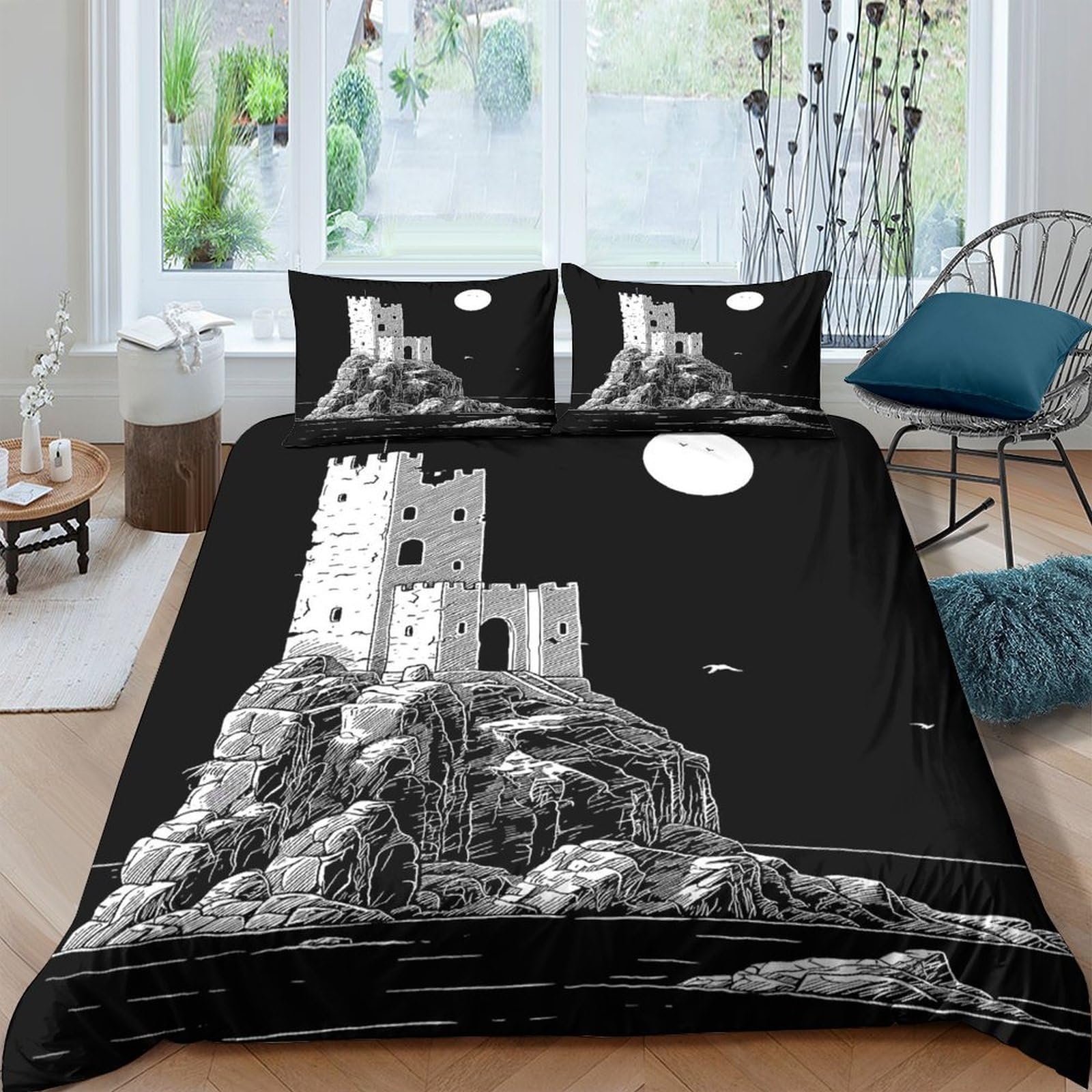 Ctjqhvkz Style-4 3D Printed Moonlit Castle Fitted Sheet Microfiber Black White Night Fortress Bed Cover For Bedroom Guest Room Decor Single（135X200cm）
