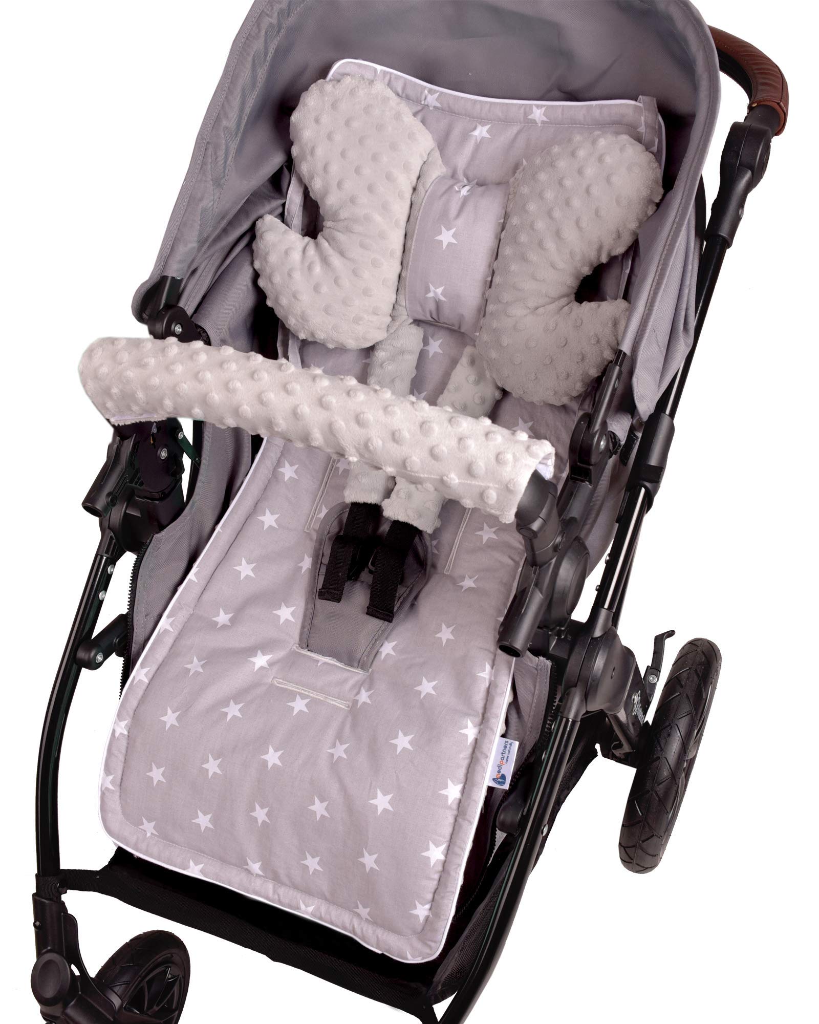 Medi Partners Funda Silla Paseo Verano Colchoneta Universal Carro Bebe Coche Colchón Capazo Saco para Carrito Protector Cochecito Sillas Fundas Cover (Estrellas blancas sobre gris Minky)