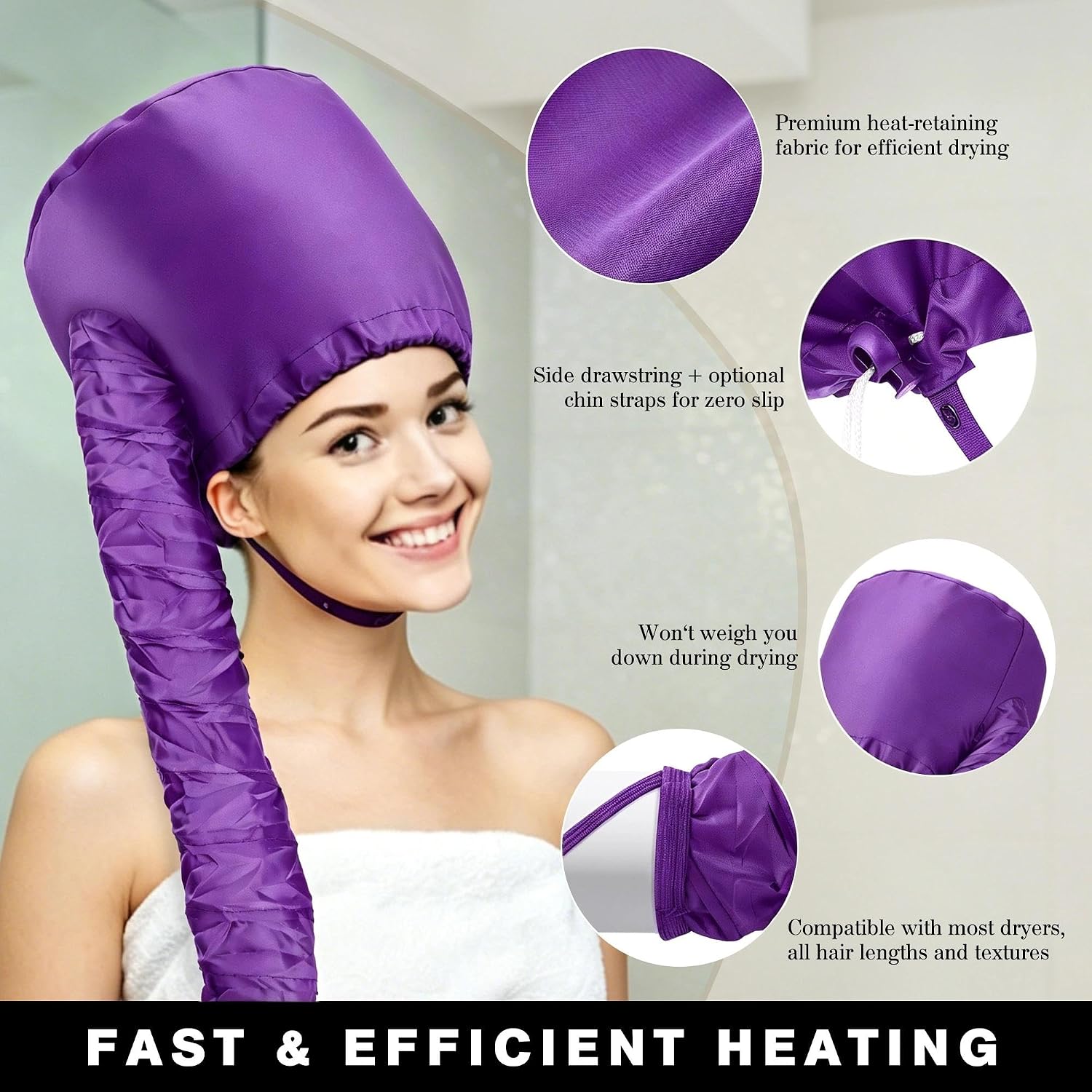 Hooded Hair Dryer Bonnet, Fast Drying Bonnet Hair Dryer for Natural Hair, Deep Conditioning Styling Curl Enhancing, Adjustable Fit Portable Lightweight for Travel（Purple）