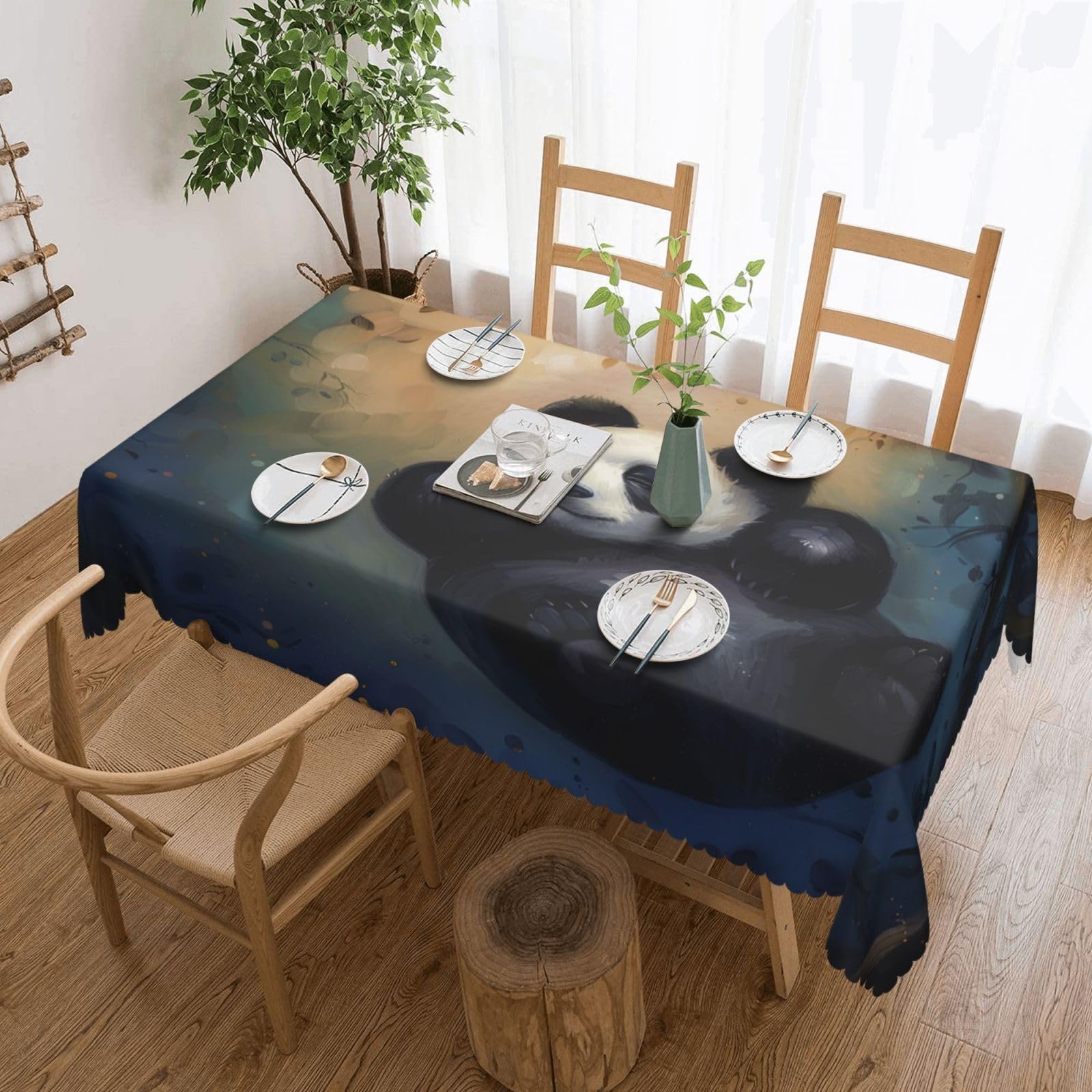 WPKJU Panda Printed Rectangle Tablecloth 72x54 Inch with Lace Trim, Water-Resistant Washable Table Cover for Farmhouse Weddings, Outdoor Picnics & Holiday Dining