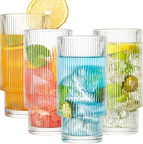 wookgreat Vasos para beber, vasos de vidrio estilo origami de 16 onzas con pajita, 4 vasos altos, cristalería vintage ondulada, vasos acanalados,