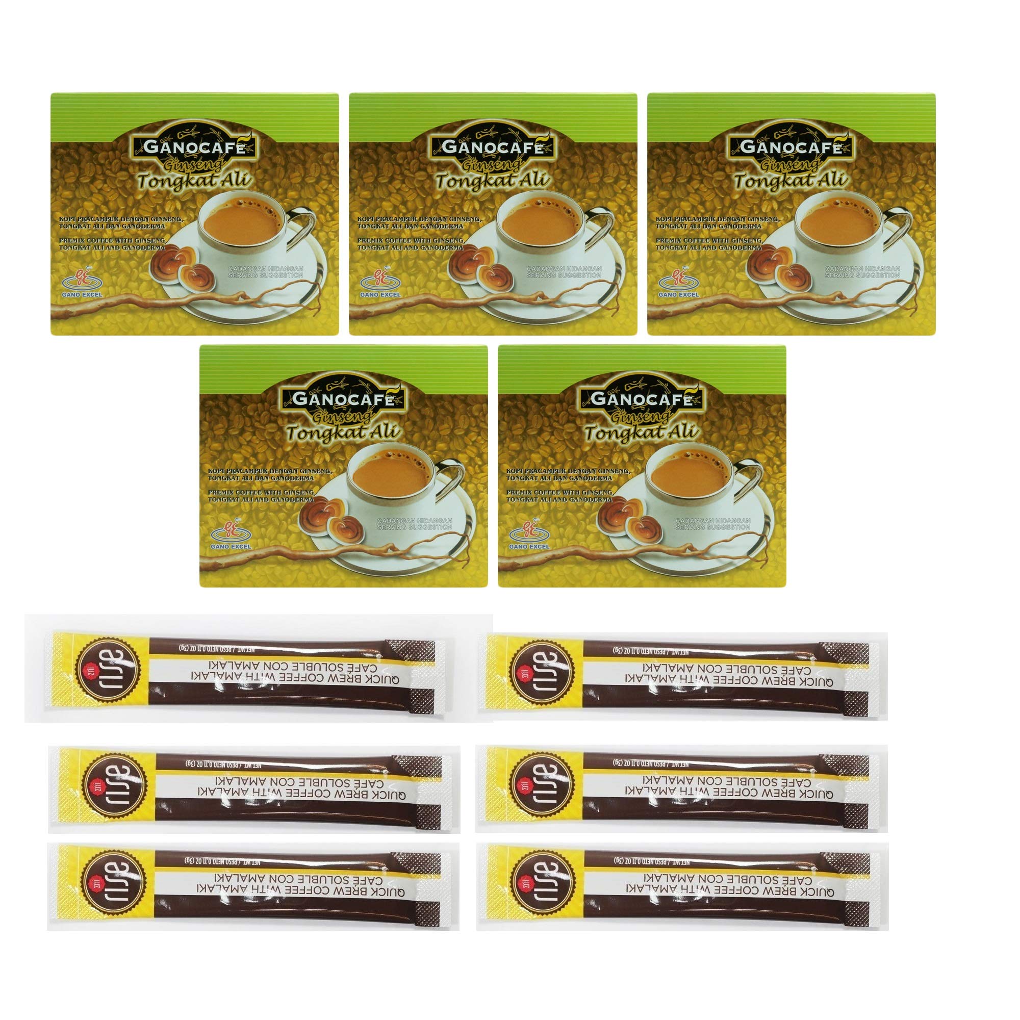 5 Boxes Gano Excel GanoCafe Ginseng Tongkat Ali + 6 sachets Zrii Rise Coffee
