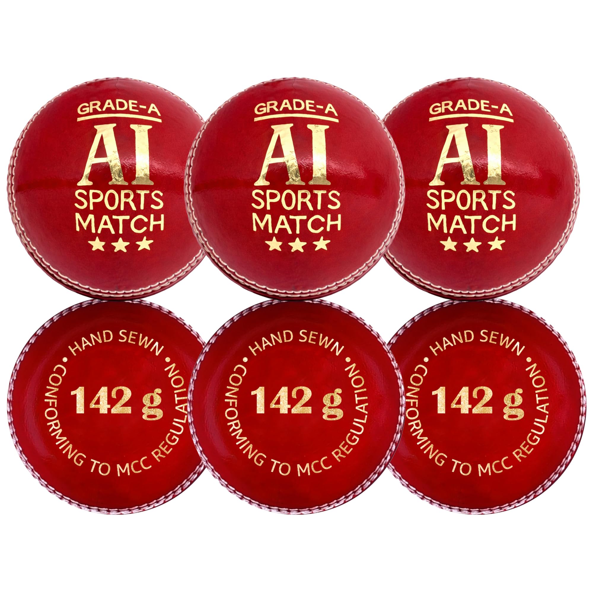 AI SPORTS Grade-A Leather Cricket Ball – Hand-Stitched Match Ball for Club & Practice Cricket – Senior, Women & Junior Sizes (6, Women 142gm)