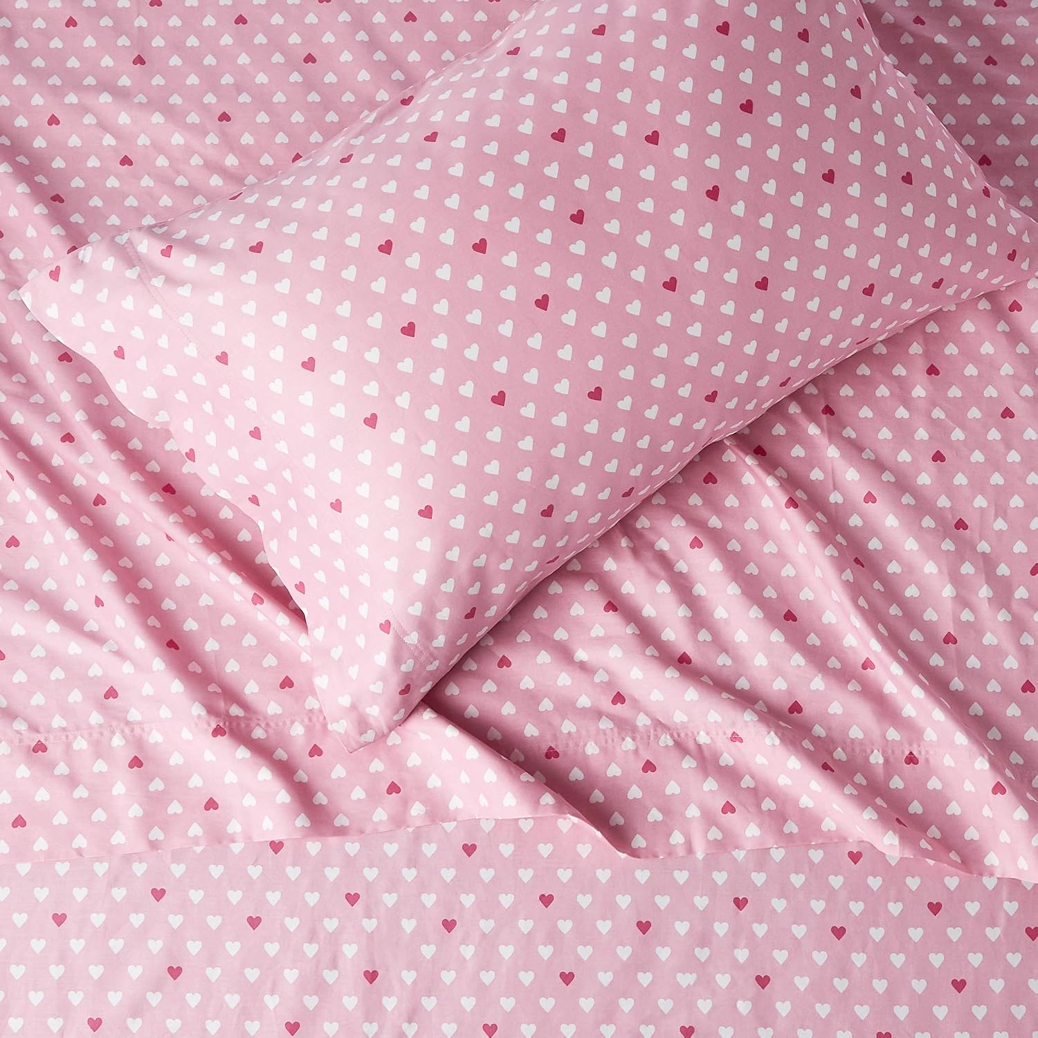 Amazon Basics Kids 100% Cotton Durable, Super Soft Sheet Set - 3 pcs, Full, Hearts