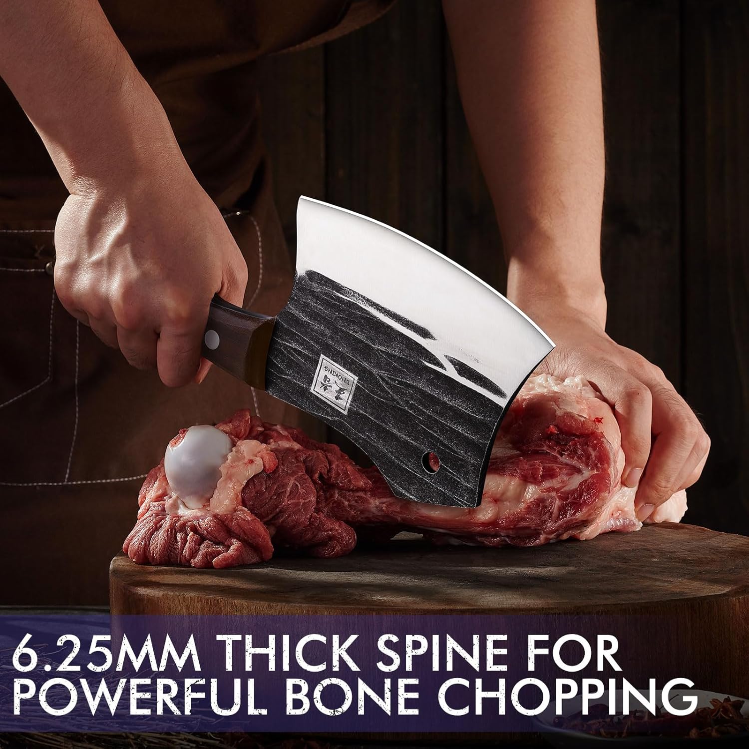 ENOKING 5.7" Bone Cleaver Knife, Heavy-Duty Butcher Knife with Full Tang Hand-Forged Blade, Meat & Bone Chopper with Leather Sheath for Kitchen - Image 3