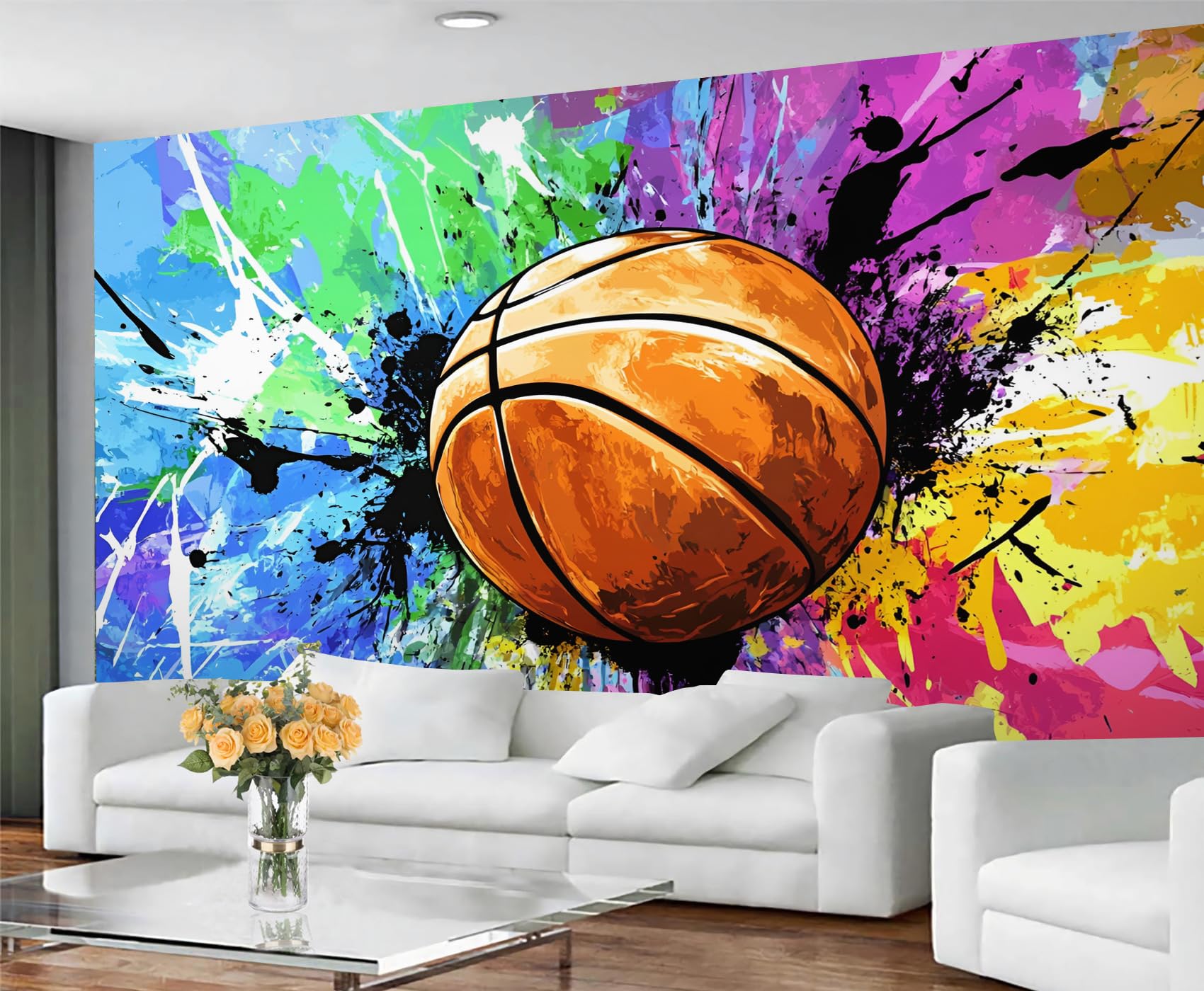 Street Art Graffiti Wallpaper, Basketball Graffiti Wall Paper, Hip Hop Removable Wall Paper for Bedroom, Painting Renter Friendly Wallpaper for Living Room, Abstract Large Mural Not Peel and Stick