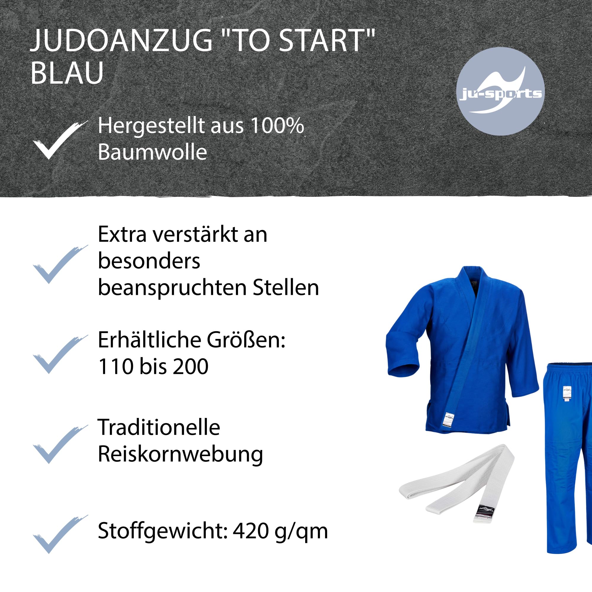 Ju-Sports Judoanzug blau 100% Baumwolle verstärkter Kniebereich Erwachsene Kinder